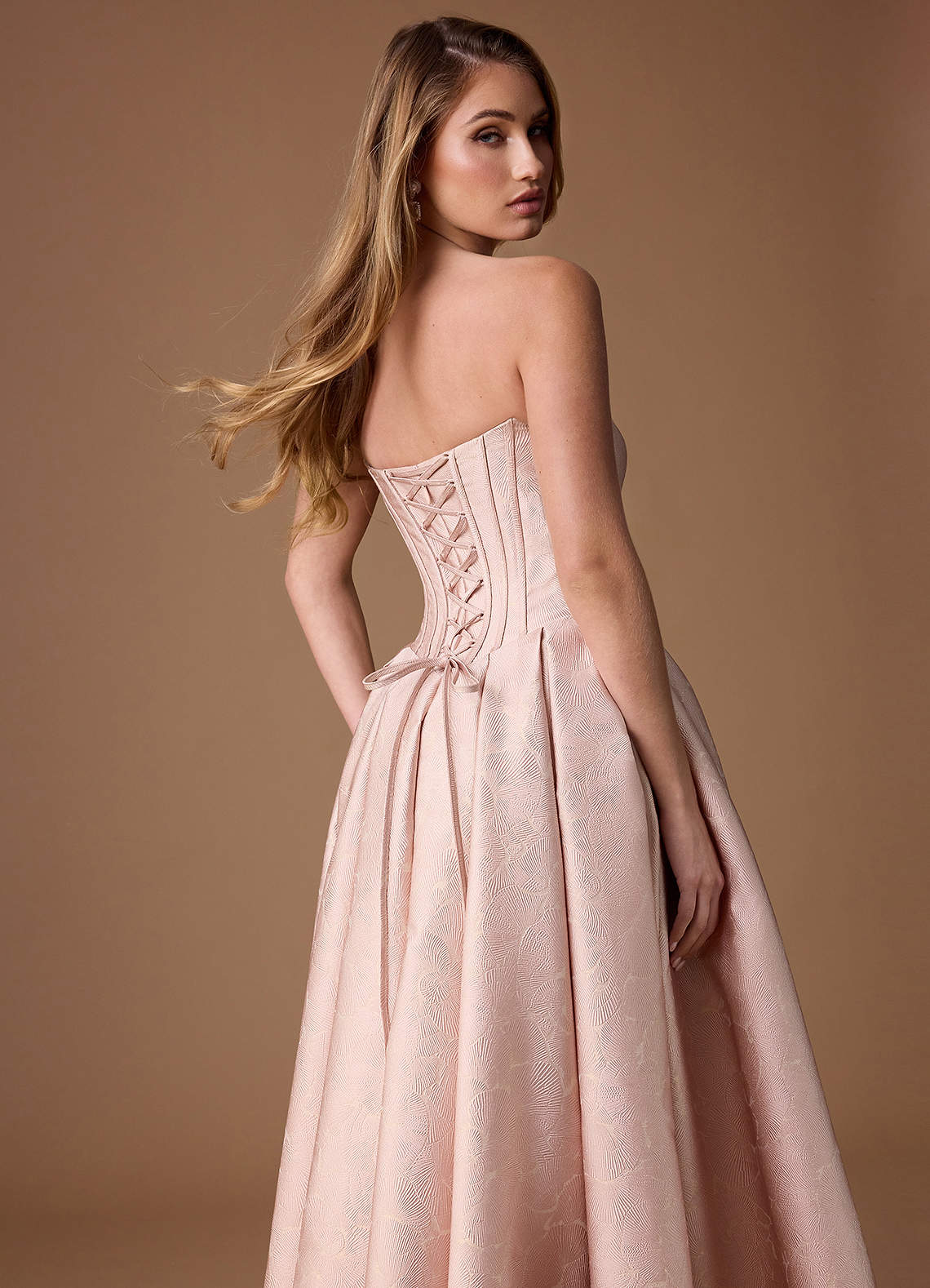 Symone Ball Gown Strapless Jacquard Evening Dress in Oyster Pink