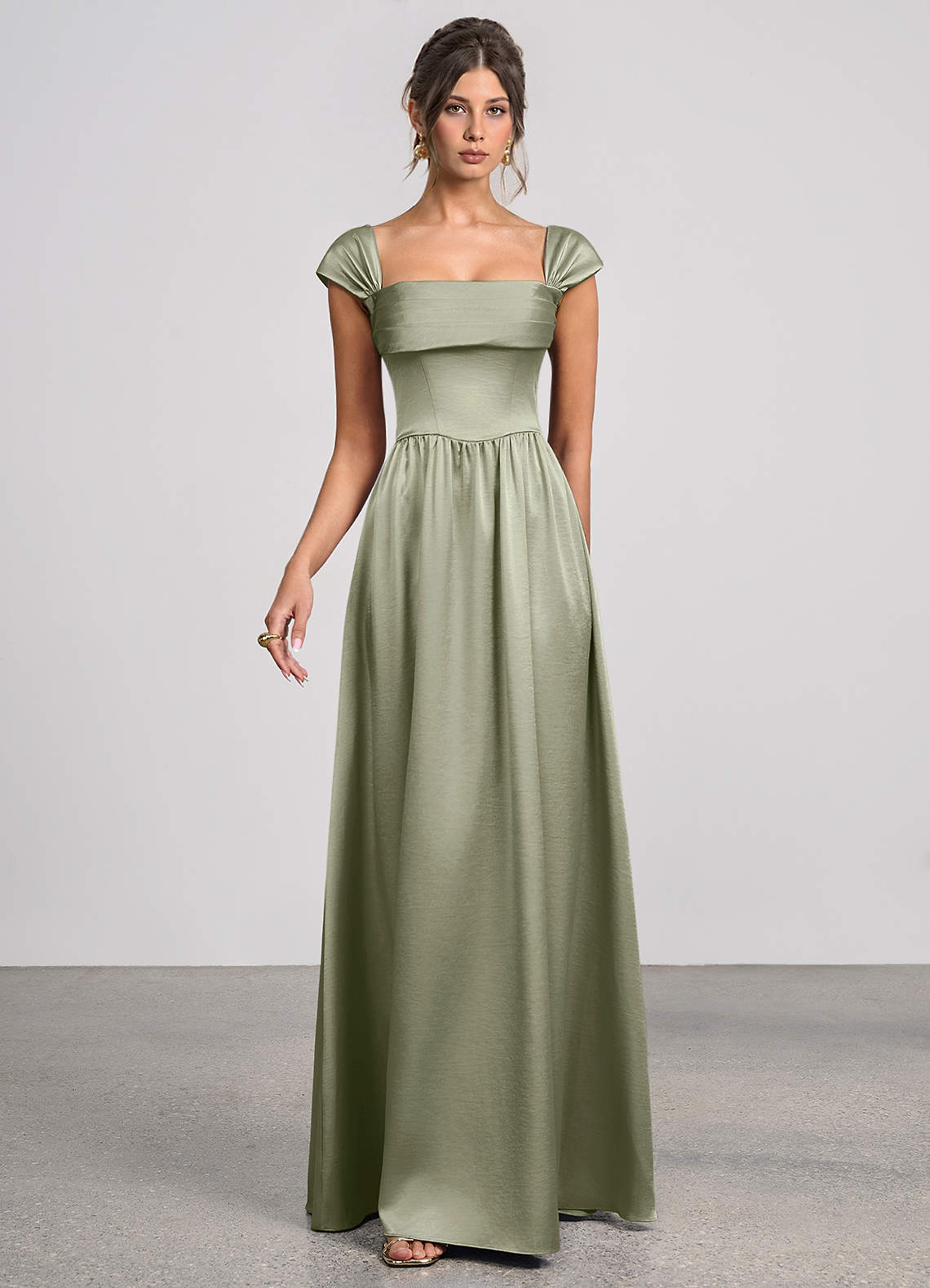 Odette A-Line Corset Luminous Satin Evening Dress in Dusty Sage