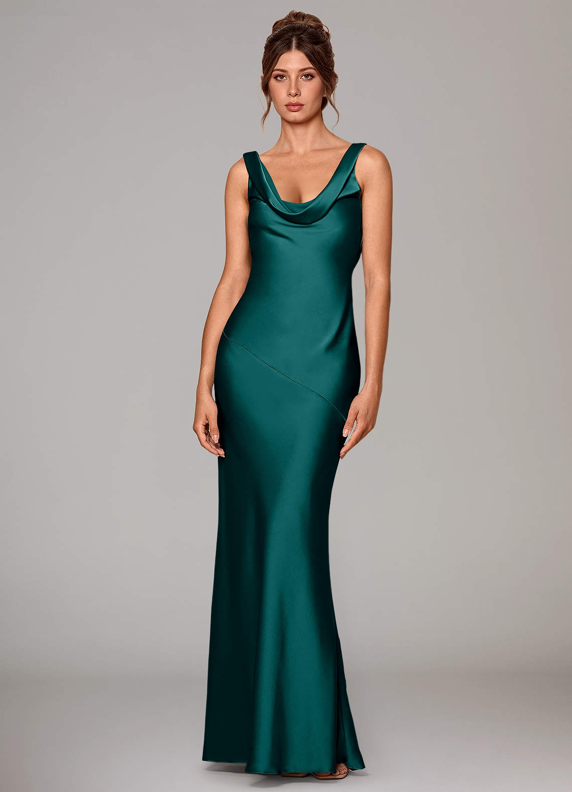 Rylina Mermaid Cowl-Neck Stretch Satin Bridesmaid Dress in Peacock