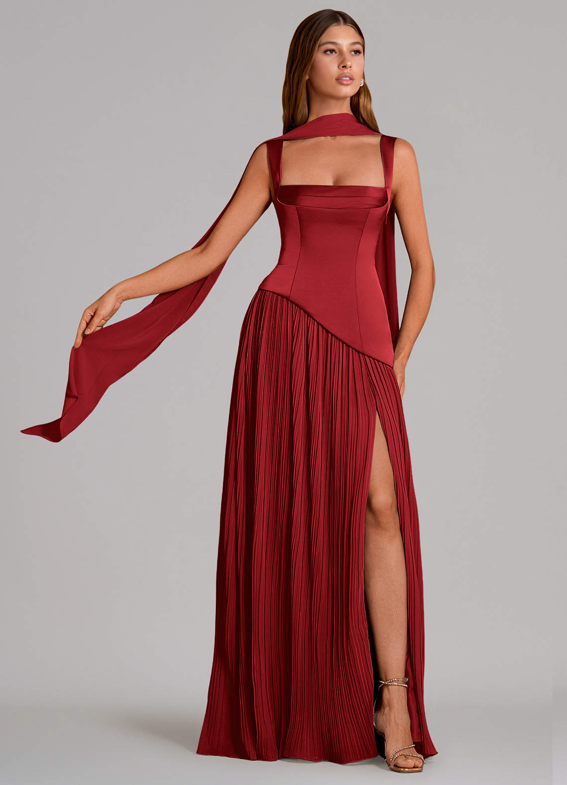 Stephanie A-Line Square-Neck Stretch Satin and Chiffon Bridesmaid Dress in Scarlet