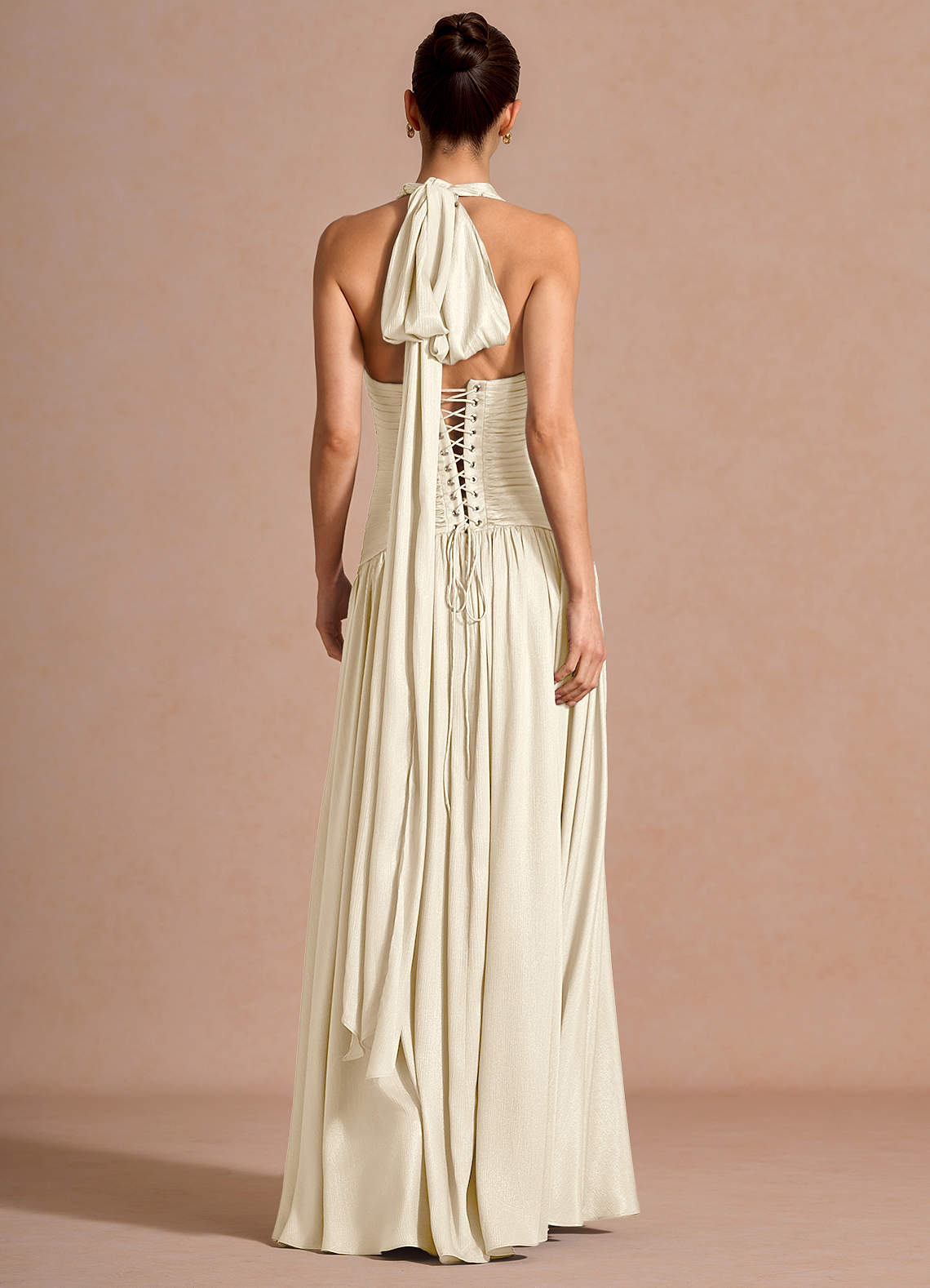 Hecate A-Line Halter Satin-Faced Chiffon Evening Dress in Cream