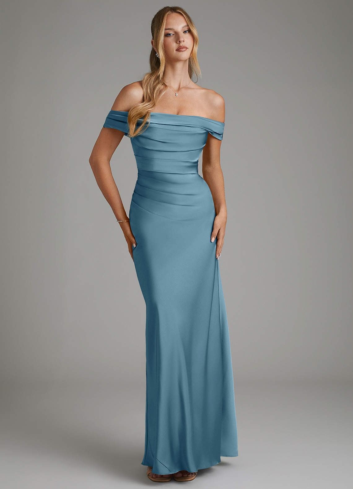Hayden Mermaid Off-the-Shoulder Stretch Satin Bridesmaid Dress in Bermuda