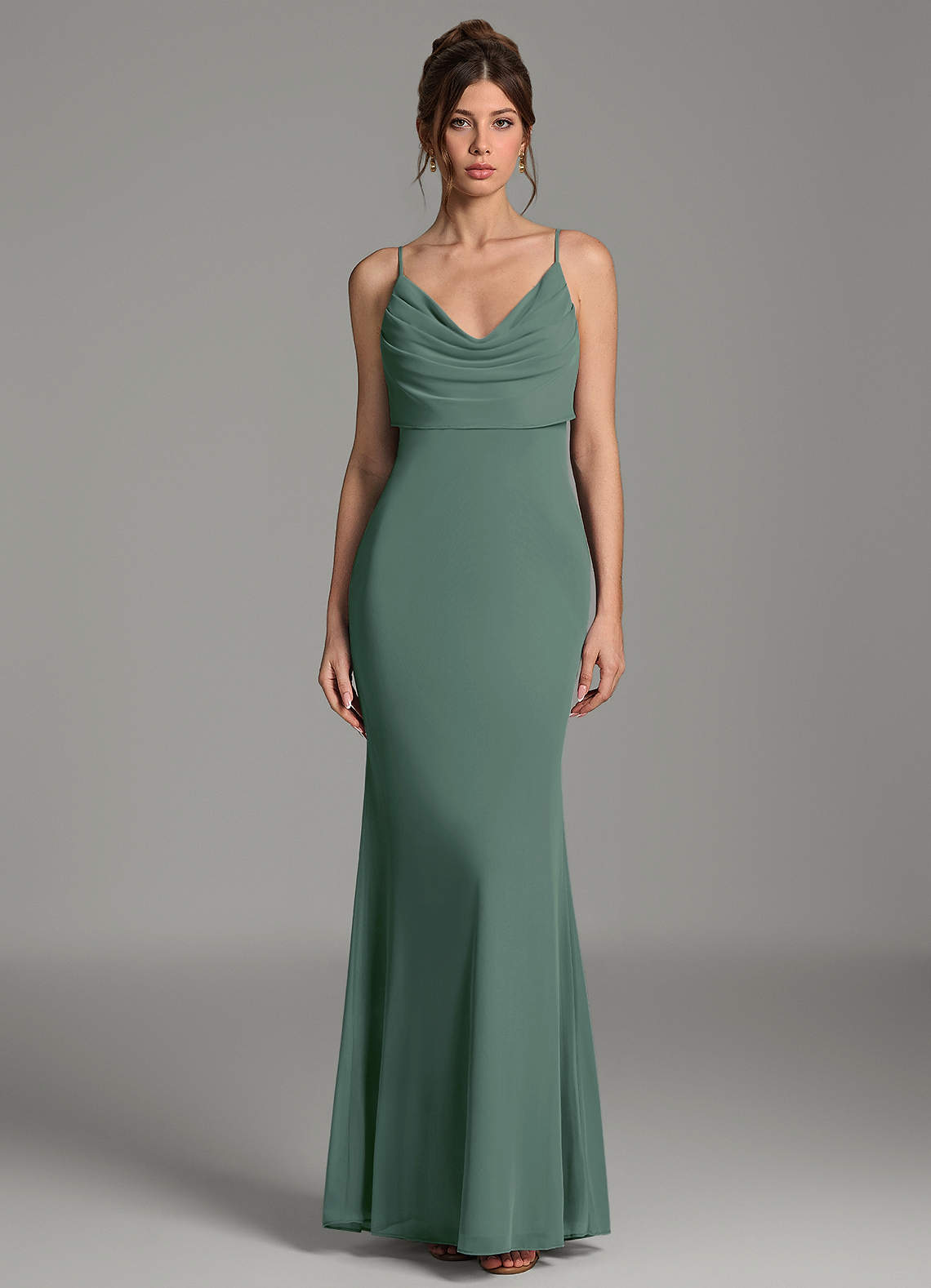 Zari Mermaid Cowl-Neck Mesh Bridesmaid Dress in Eucalyptus