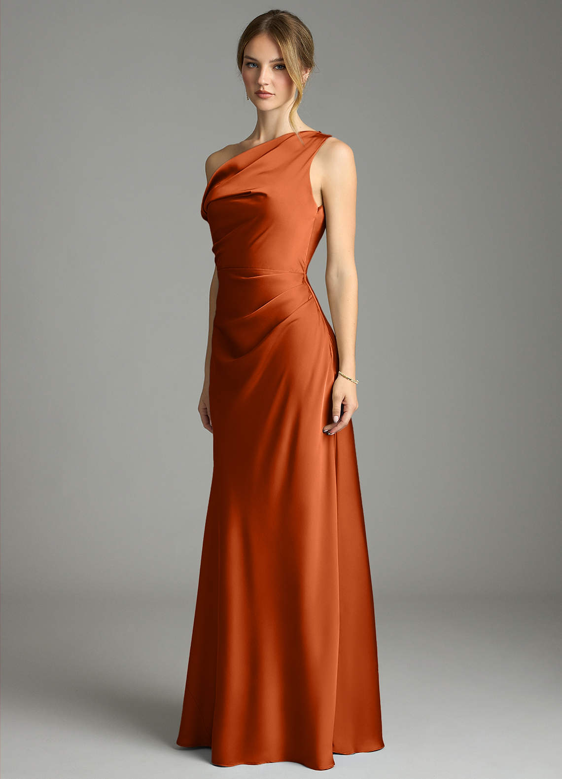 Emerson Mermaid One-Shoulder Stretch Satin Bridesmaid Dress in Burnt Orange