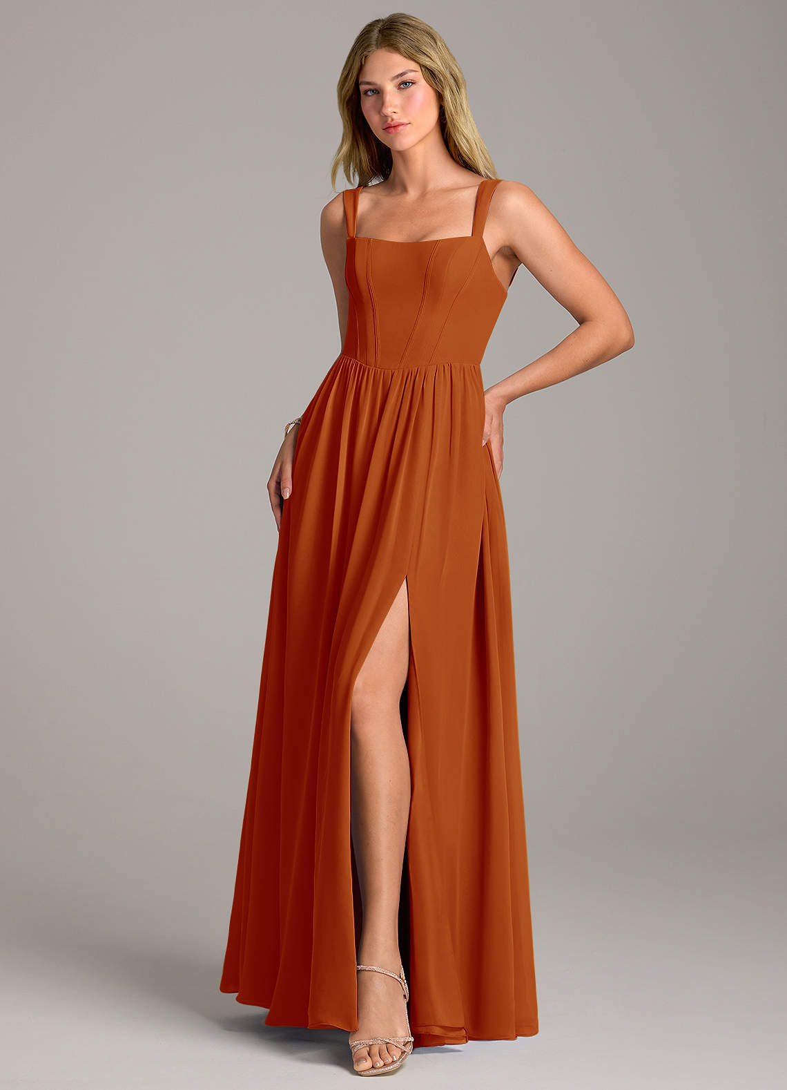 Rosaline A-Line Square-Neck Chiffon Bridesmaid Dress in Paprika