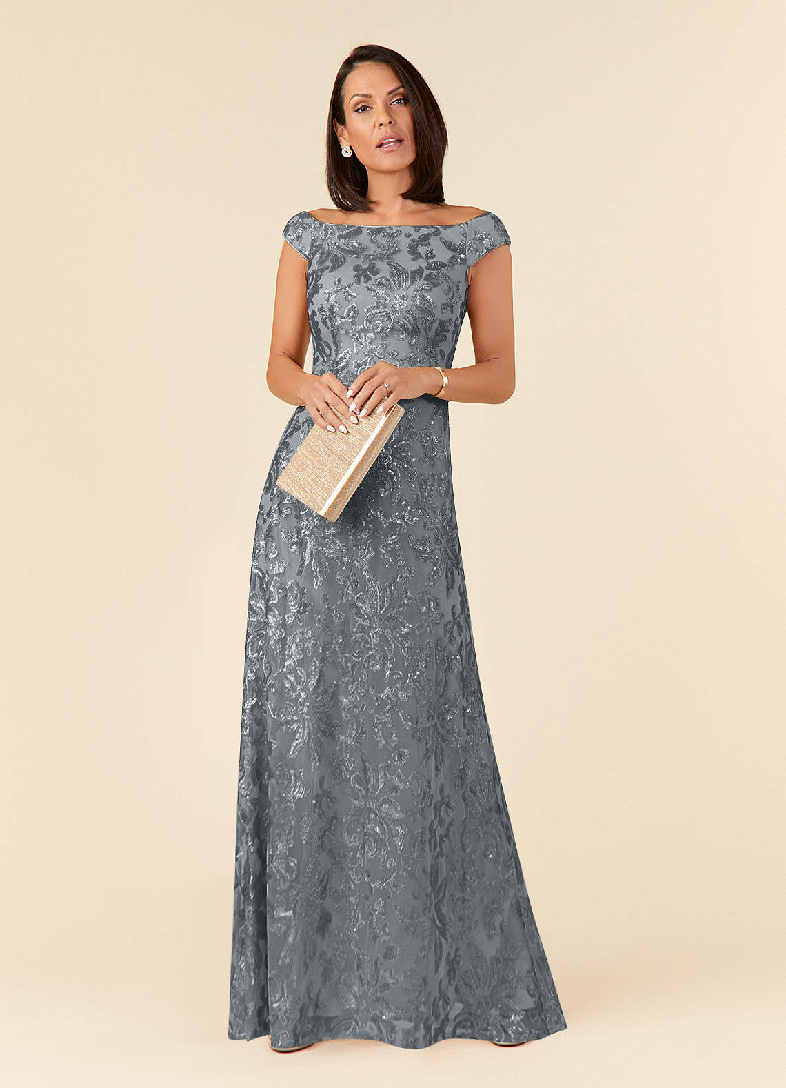 Porcelain A-Line Off-the-Shoulder Lace Mother of the Bride Dress in Steel Grey