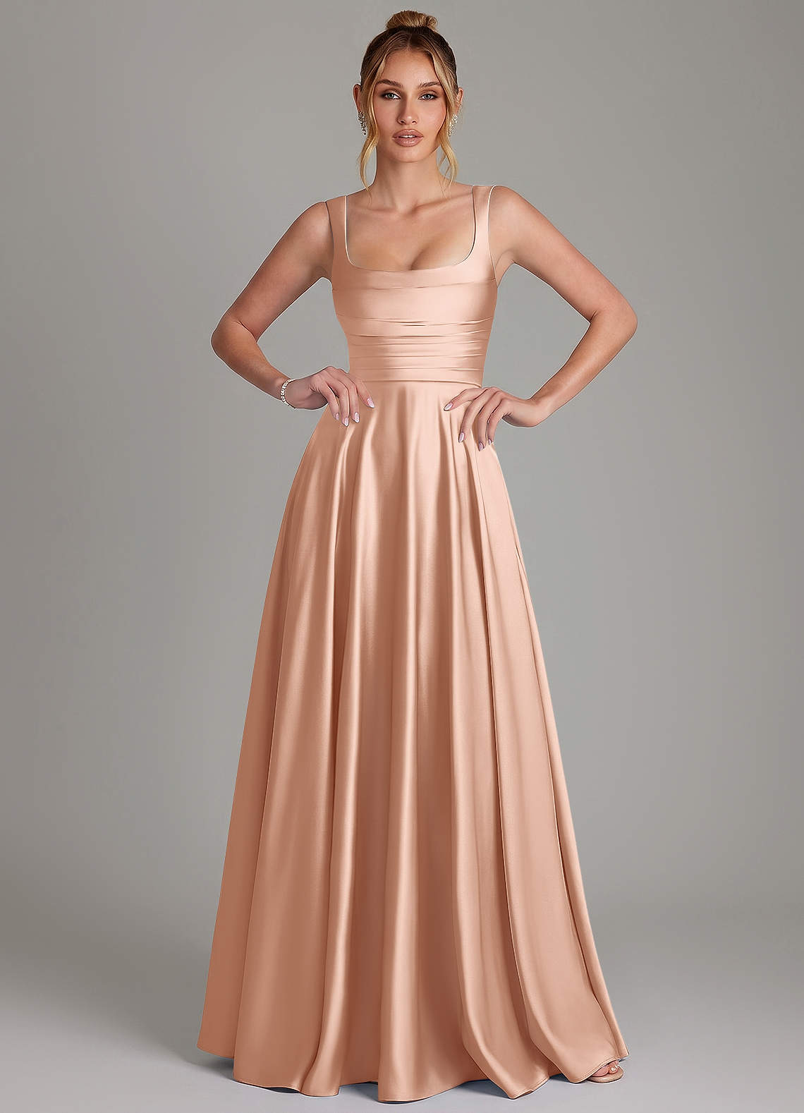 Azaria A-Line Square-Neck Stretch Satin Bridesmaid Dress in rose gold