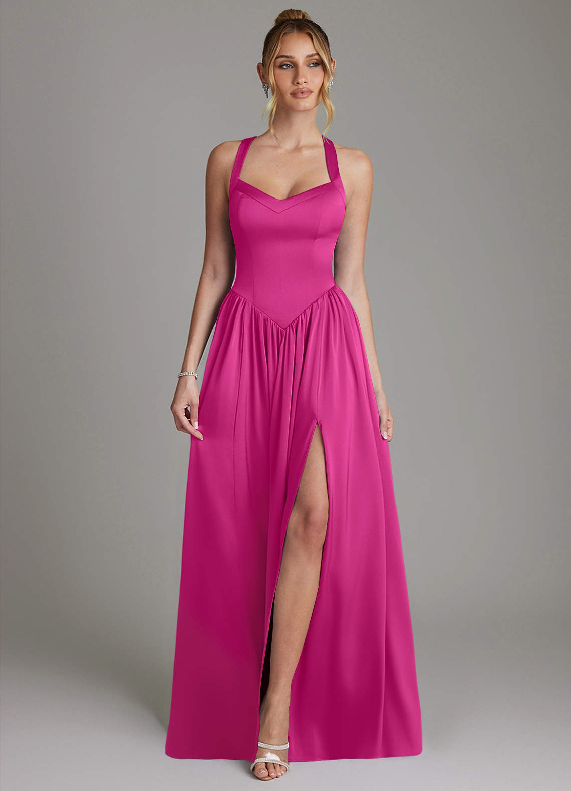 Francis A-Line V-Neck Stretch Satin Bridesmaid Dress in Fuchsia