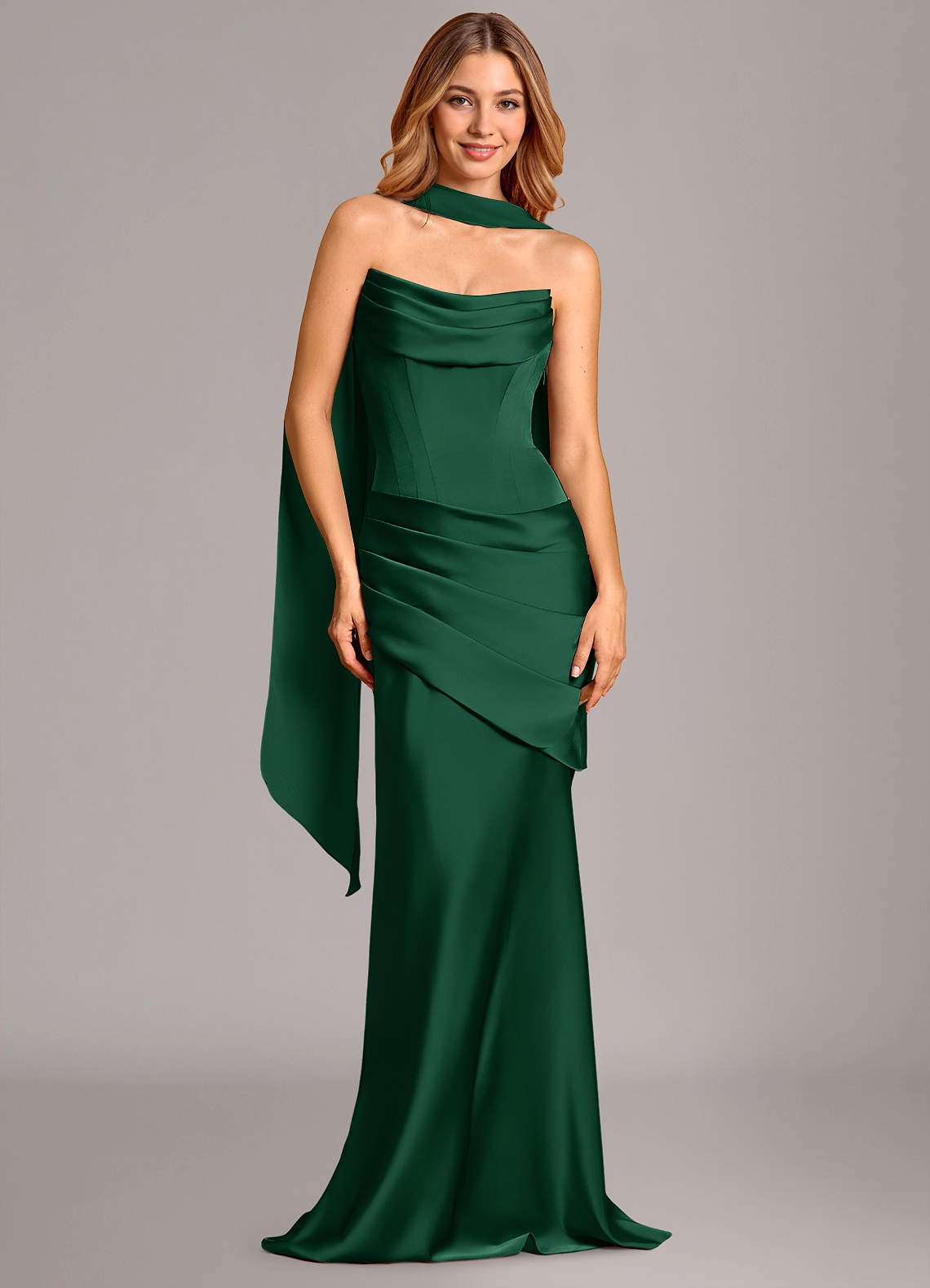 Pelagia Mermaid Cowl-Neck Stretch Satin Bridesmaid Dress in Dark Green