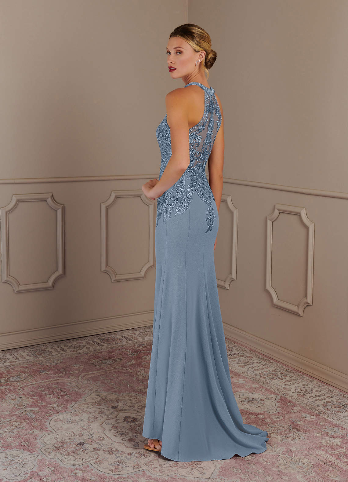 Tyra Mermaid Halter Tulle and Stretch Crepe Mother of the Bride Dress in dusty blue