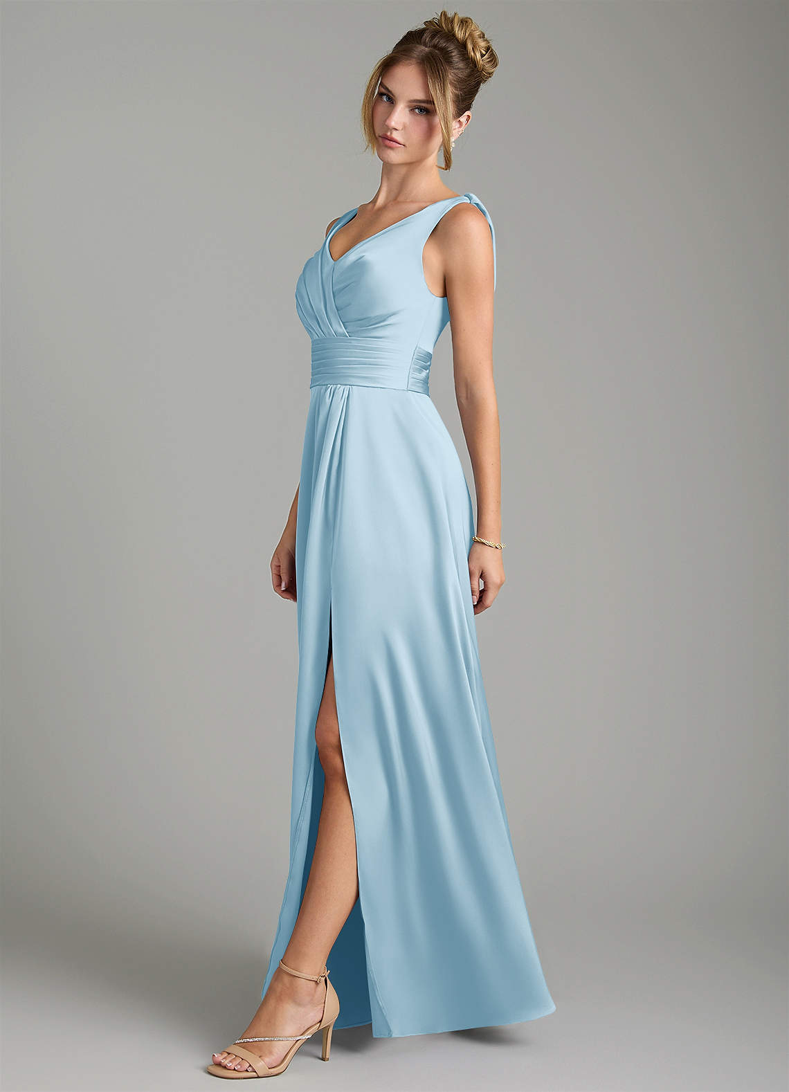 Karina A-Line V-Neck Stretch Satin Bridesmaid Dress in Sky Blue