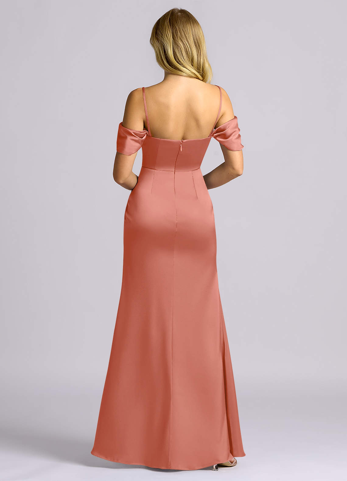 Auden Sheath Off-the-Shoulder Stretch Satin Bridesmaid Dress in Salmon Pink