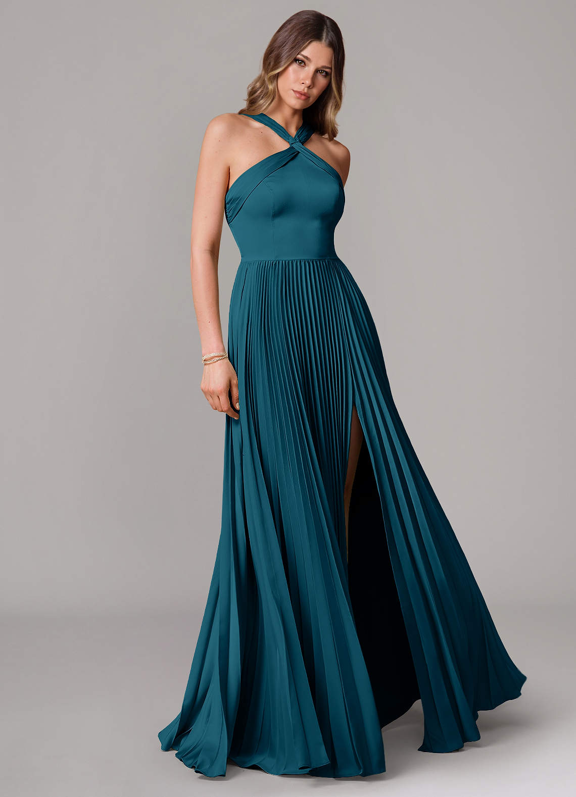 Afra A-Line Halter-Neck Stretch Satin Bridesmaid Dress in Ink Blue
