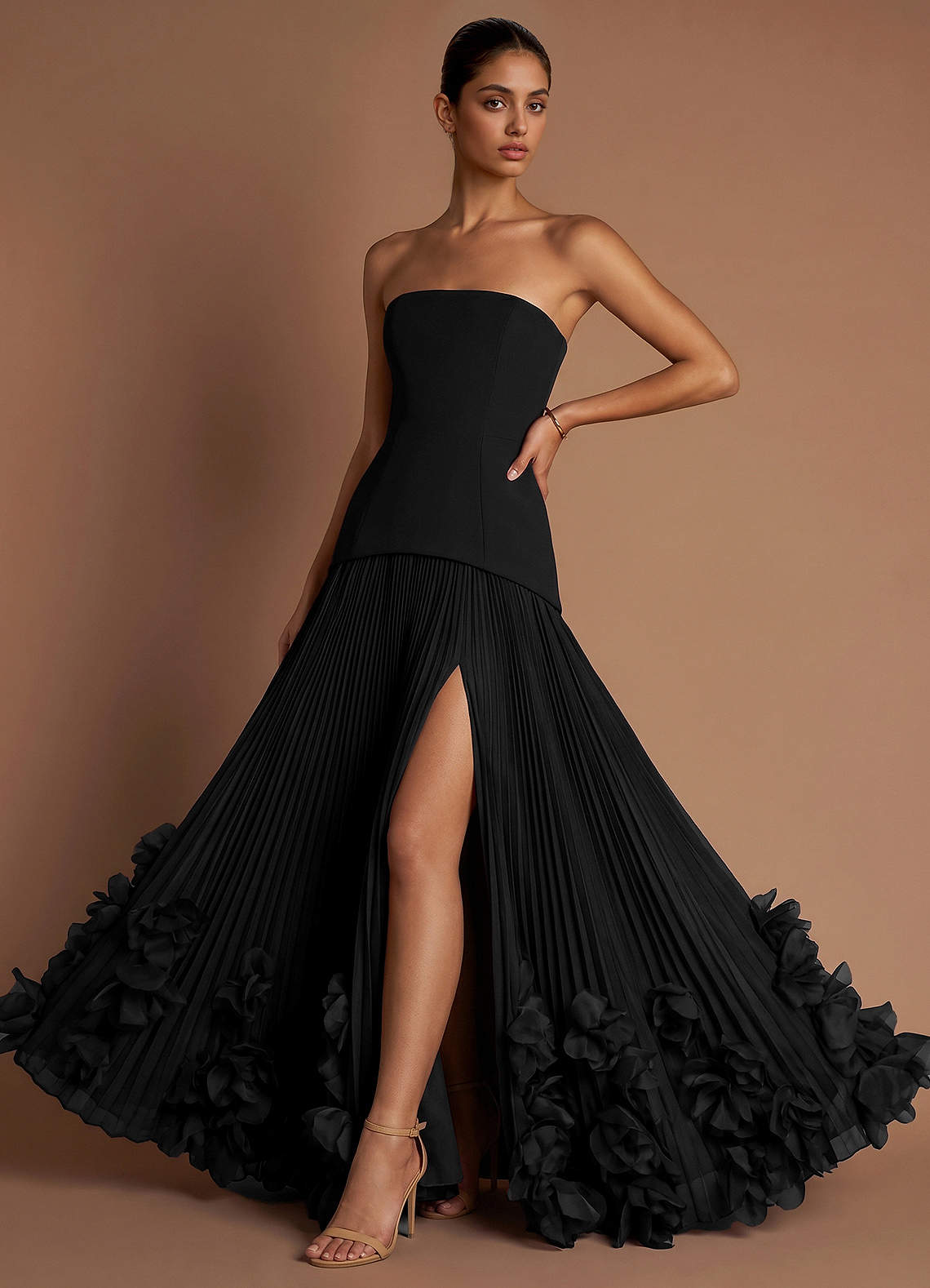 Marnie A-Line Corset Crepe Chiffon Evening Dress in black