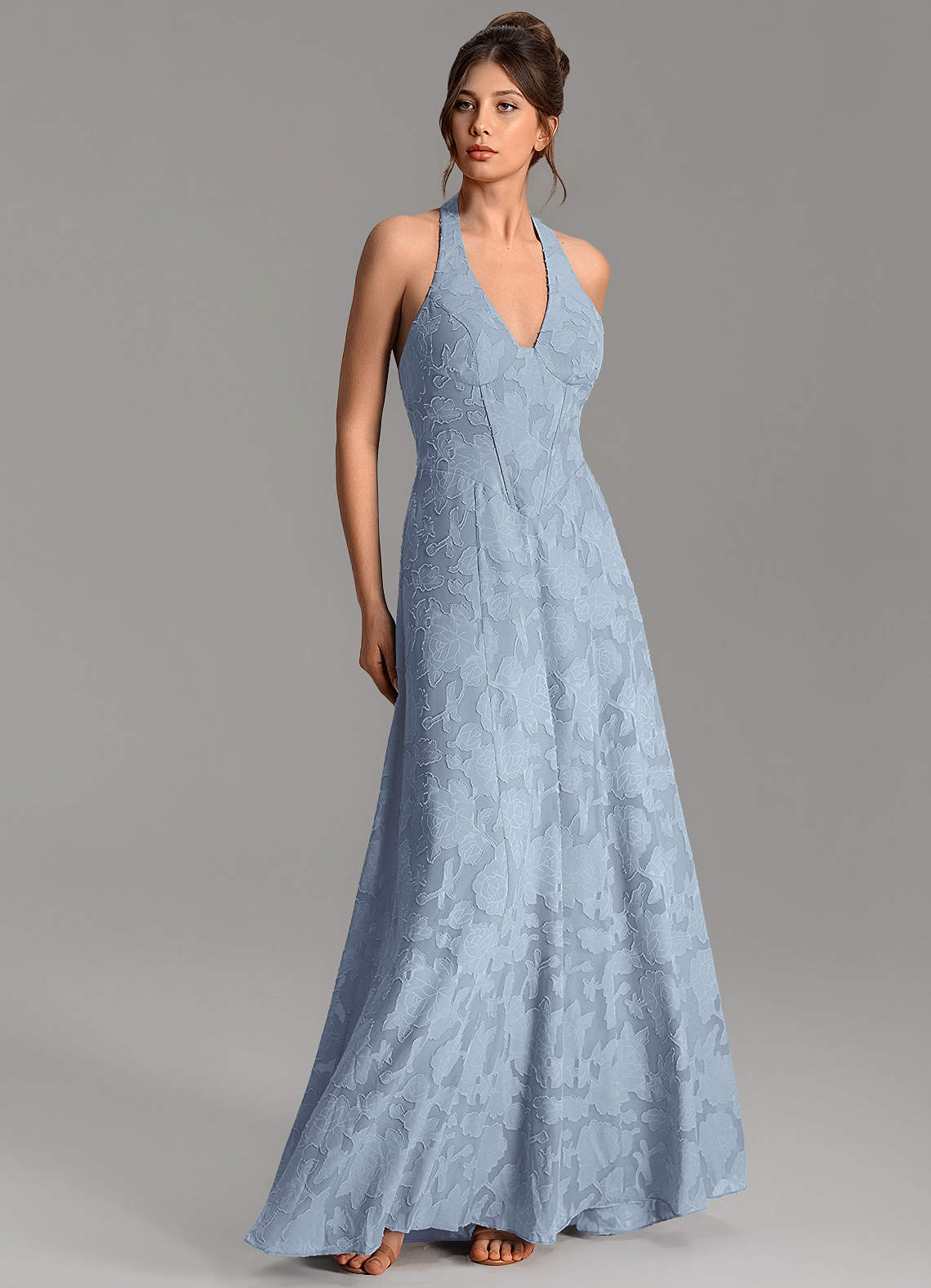 Nia A-Line V-Neck Floral Burnout Bridesmaid Dress in dusty blue