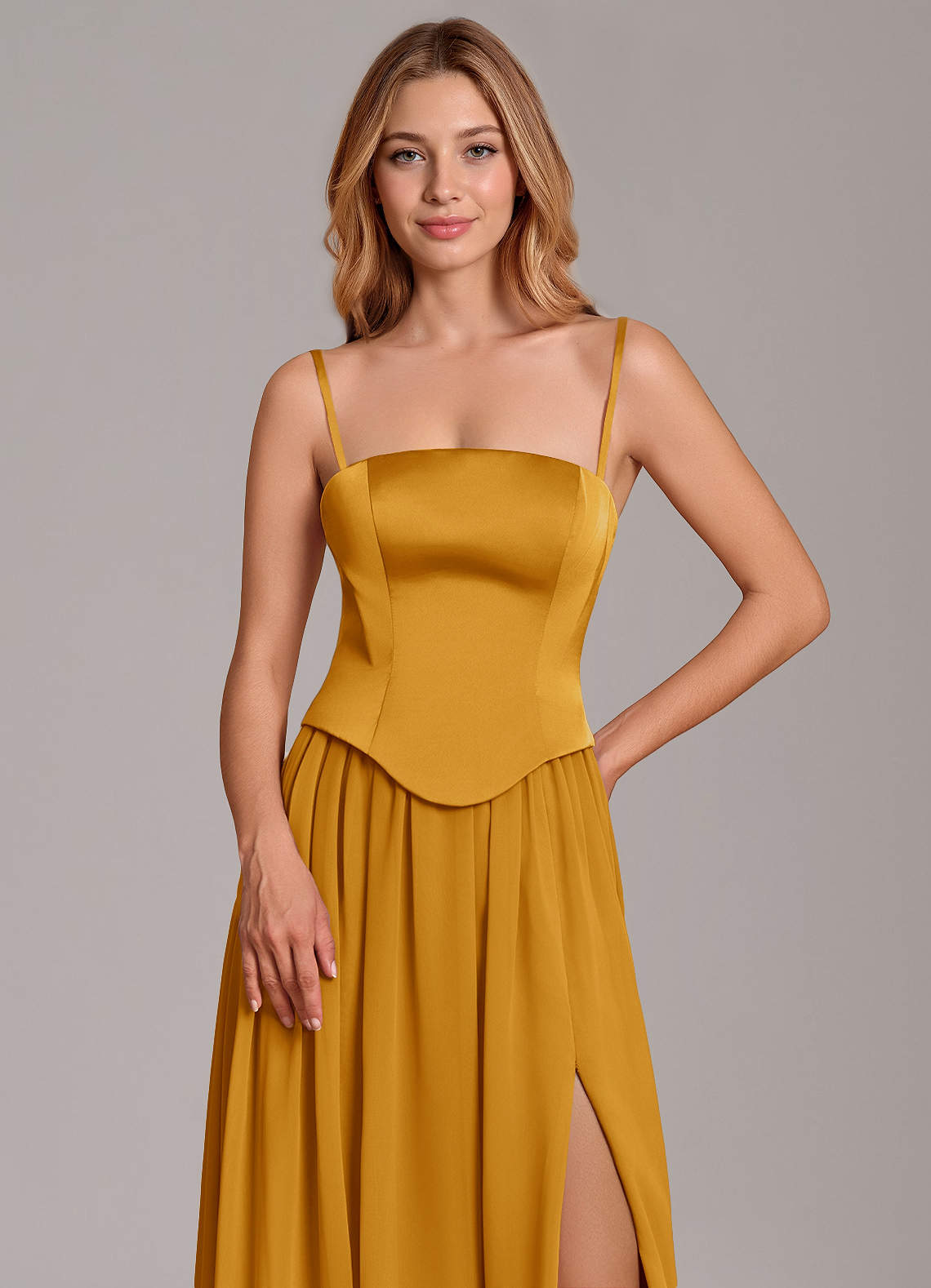 Cadence A-Line Strapless Chiffon and Stretch Satin Bridesmaid Dress in butterscotch