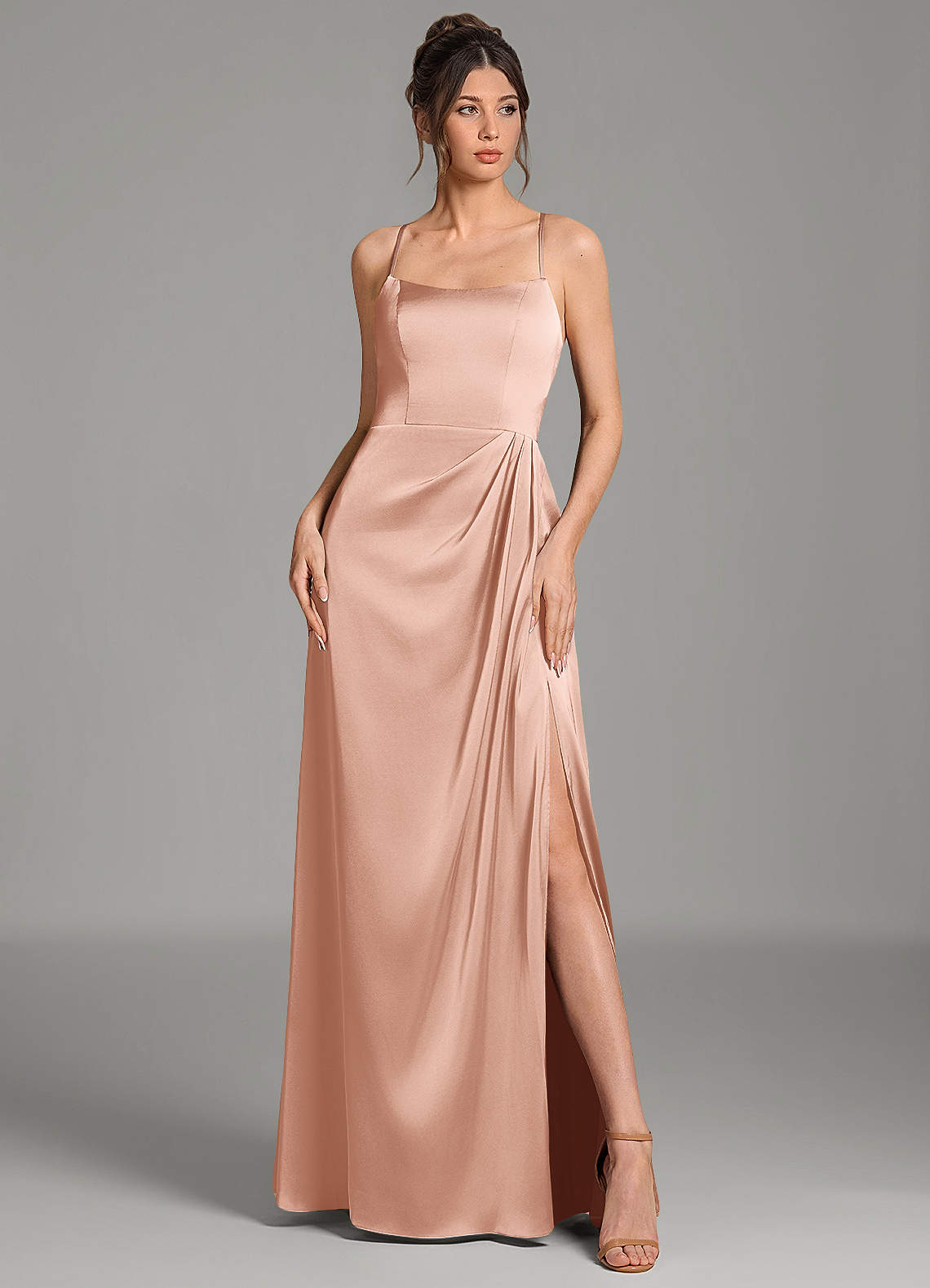 Frankie A-Line Scoop-Neck Stretch Satin Bridesmaid Dress in rose gold