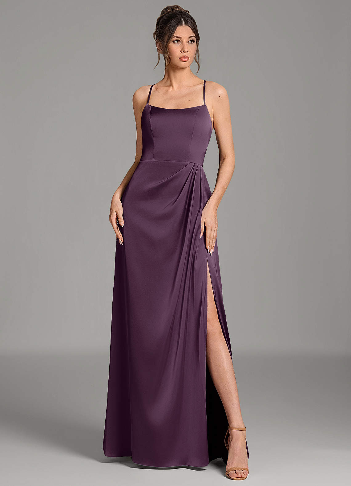 Frankie A-Line Scoop-Neck Stretch Satin Bridesmaid Dress in Plum