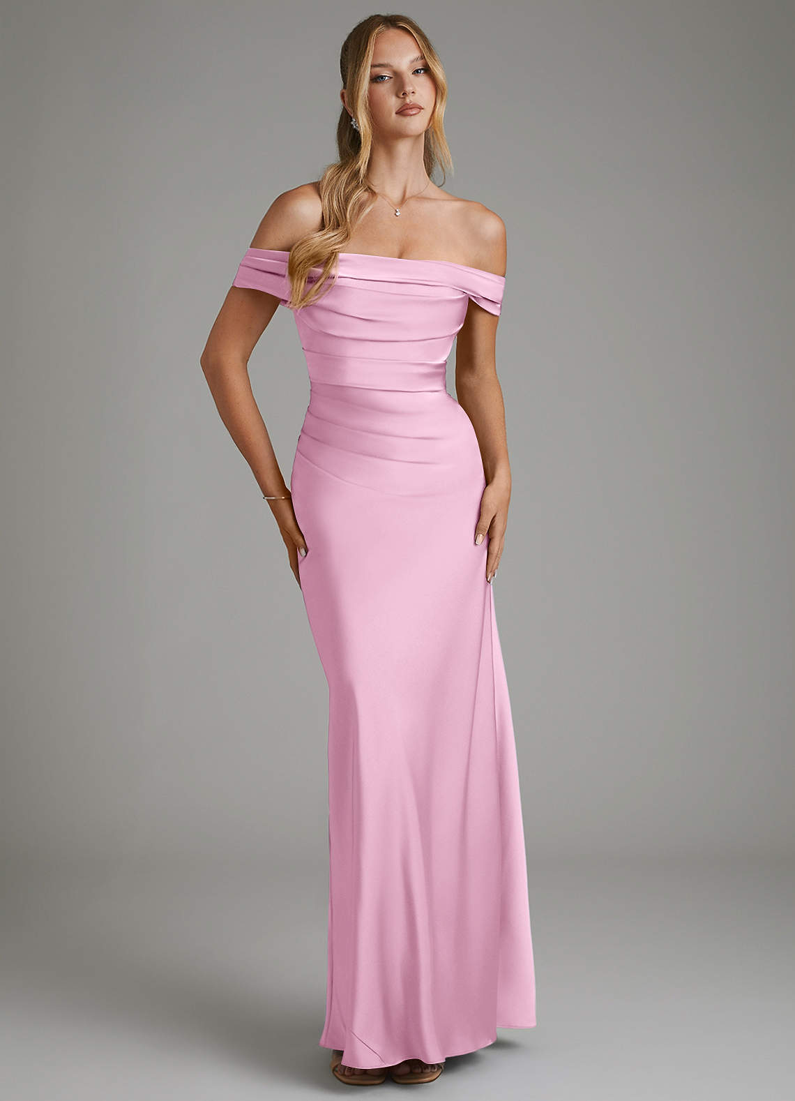 Hayden Mermaid Off-the-Shoulder Stretch Satin Bridesmaid Dress in candy pink