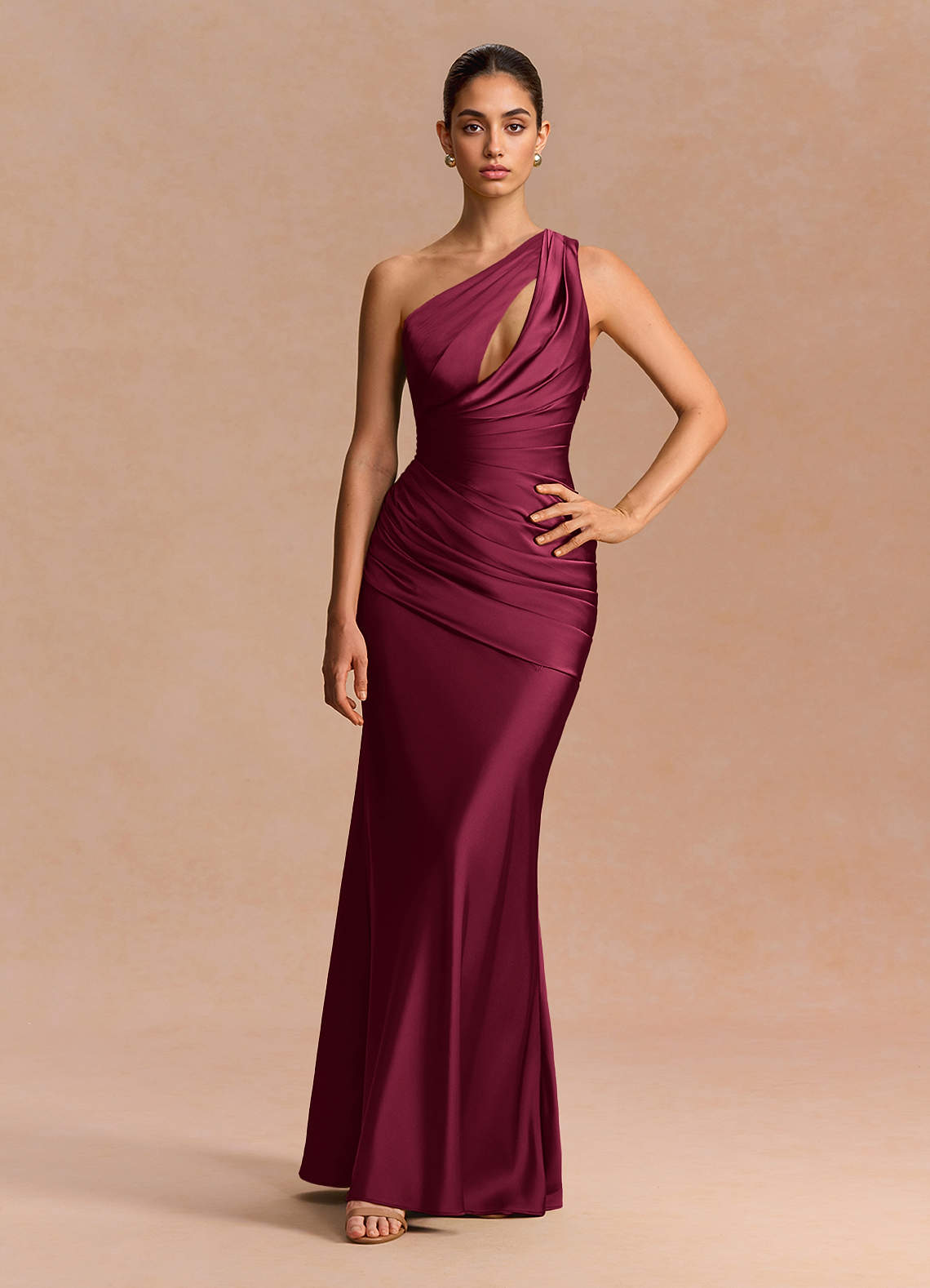 Guinevere One-Shoulder Cutout Stretch Satin Evening Dress in Merlot