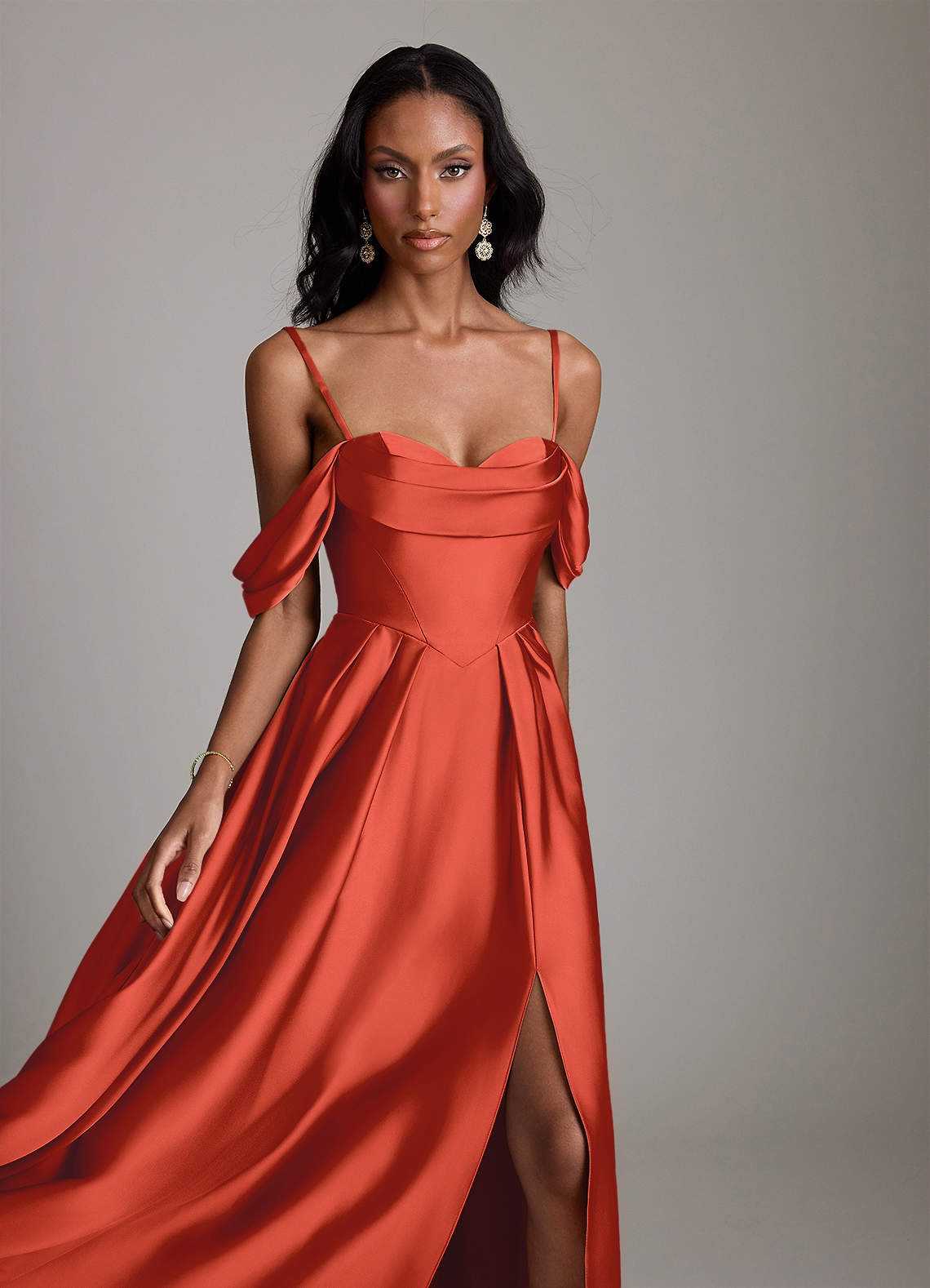Loisa A-Line Off-the-Shoulder Stretch Satin Bridesmaid Dress in Rust