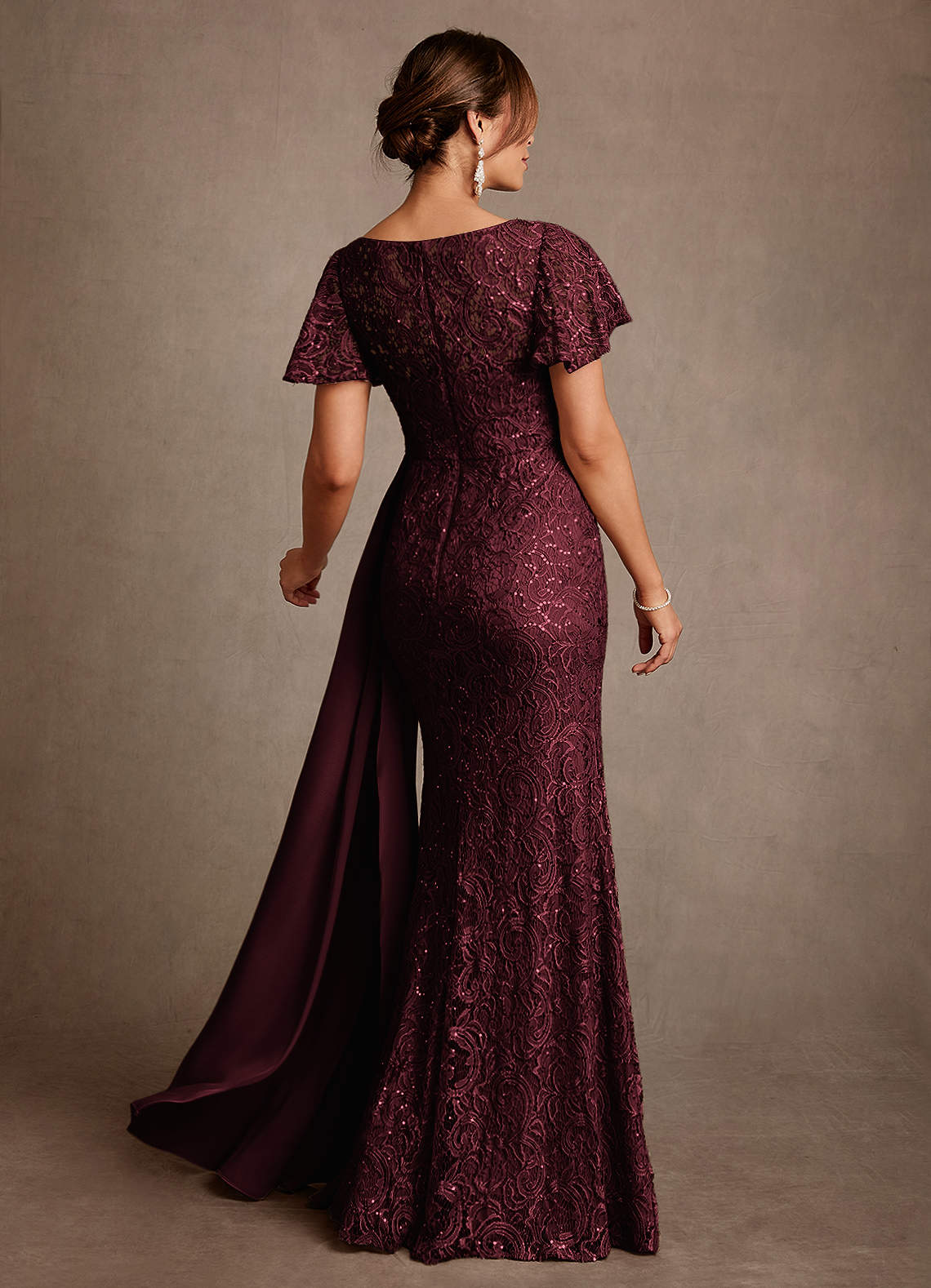 Harrison Mermaid Scoop-Neck Stretch Satin and Lace Mother of the Bride Dress in Cabernet