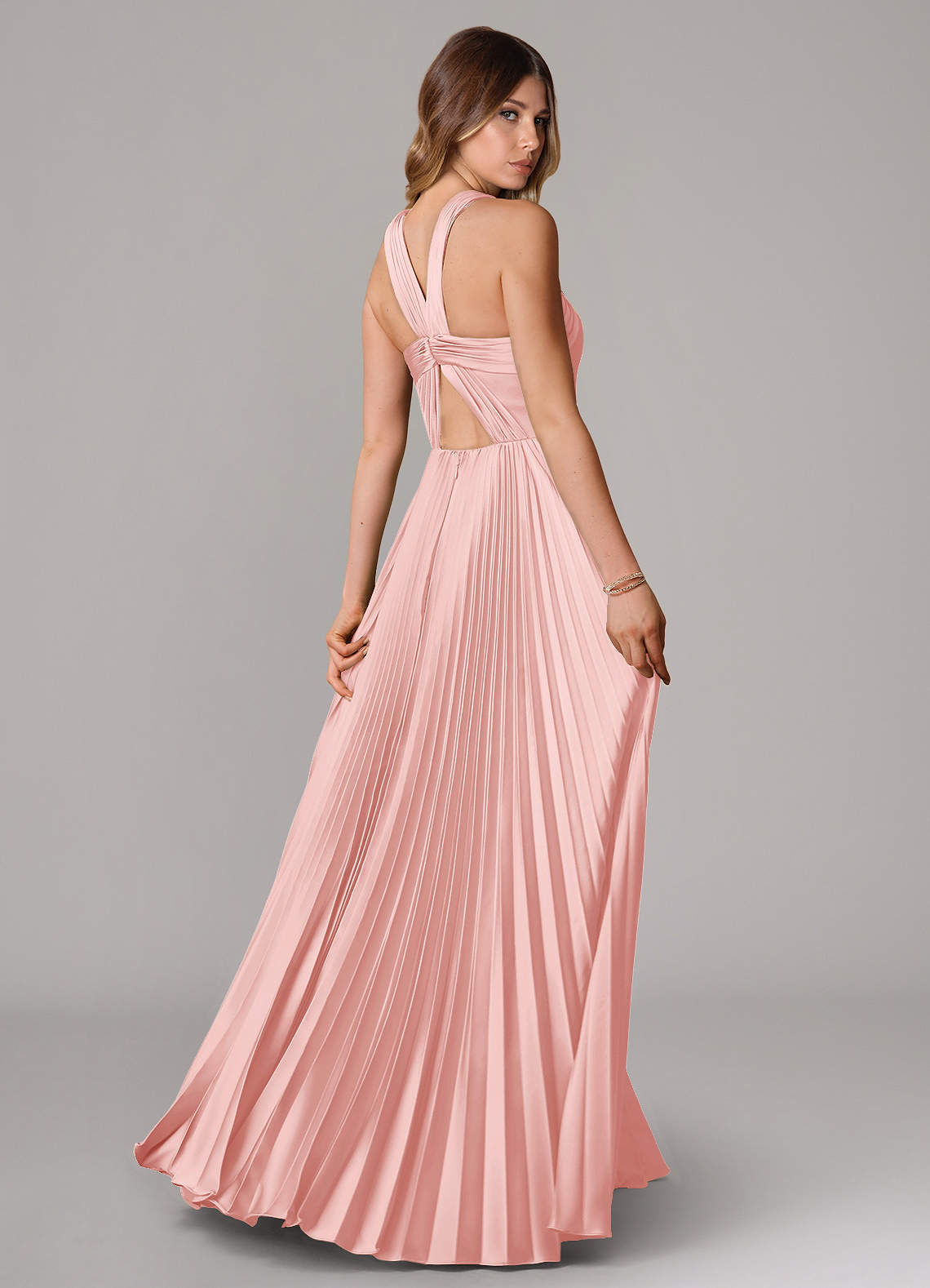 Afra A-Line Halter-Neck Stretch Satin Bridesmaid Dress in Powder Pink