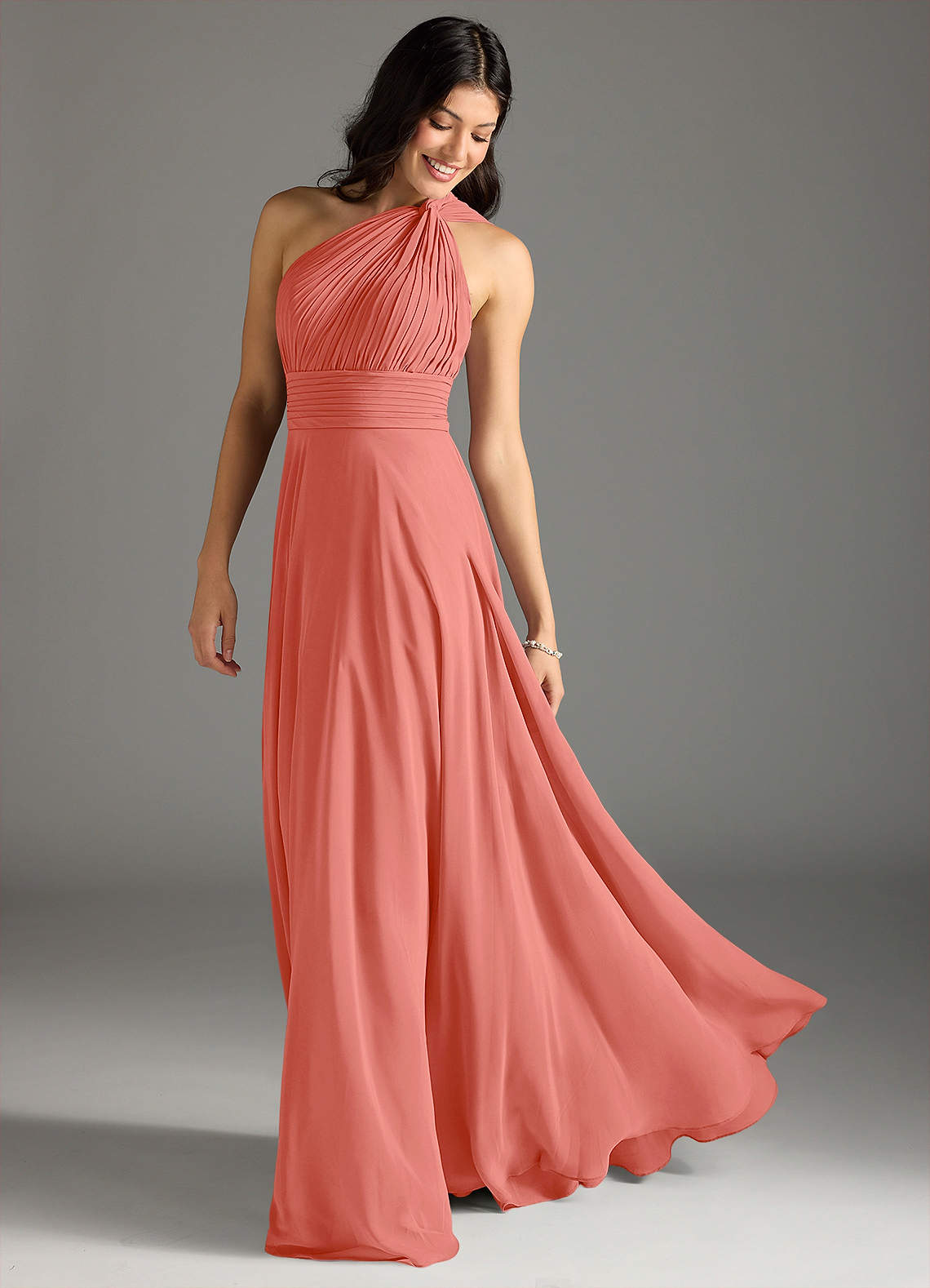 Charlize A-Line One-Shoulder Chiffon Bridesmaid Dress in Salmon Pink