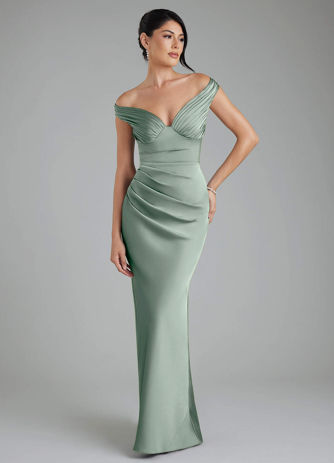 Stella Sheath V-Neck Stretch Satin Bridesmaid Dress in Agave