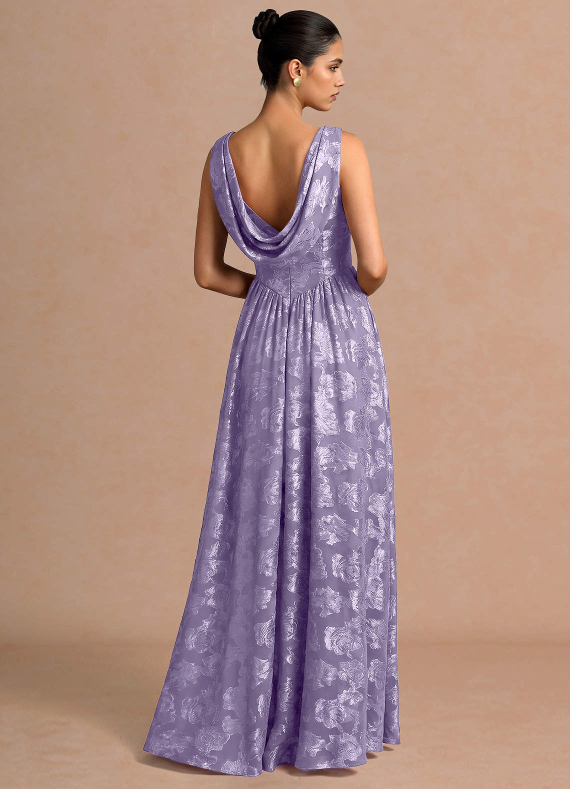 Novi A-Line Draped-Neck Floral Fil Coupé Evening Dress in Lilac