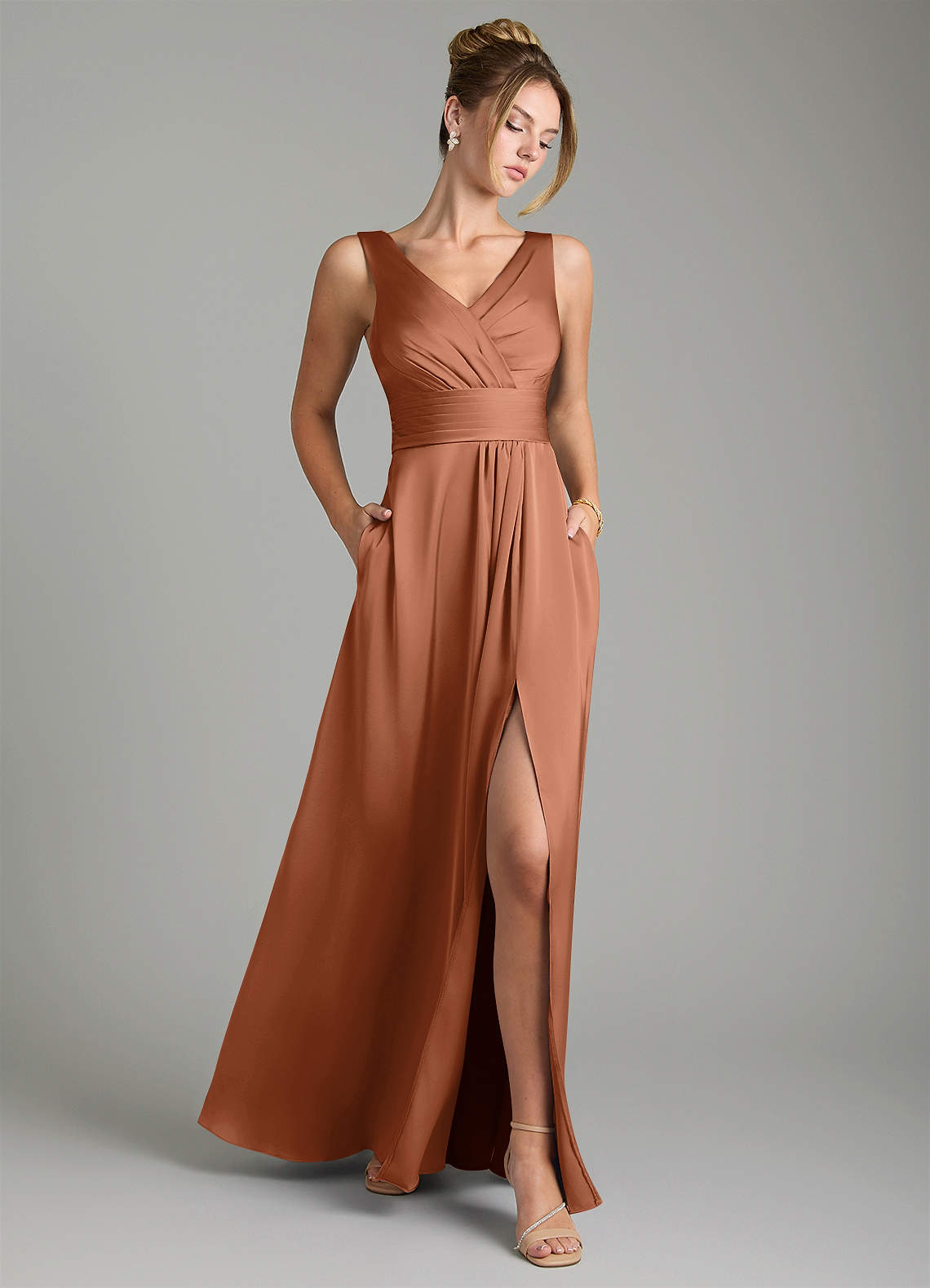 Karina A-Line V-Neck Stretch Satin Bridesmaid Dress in Bronzer