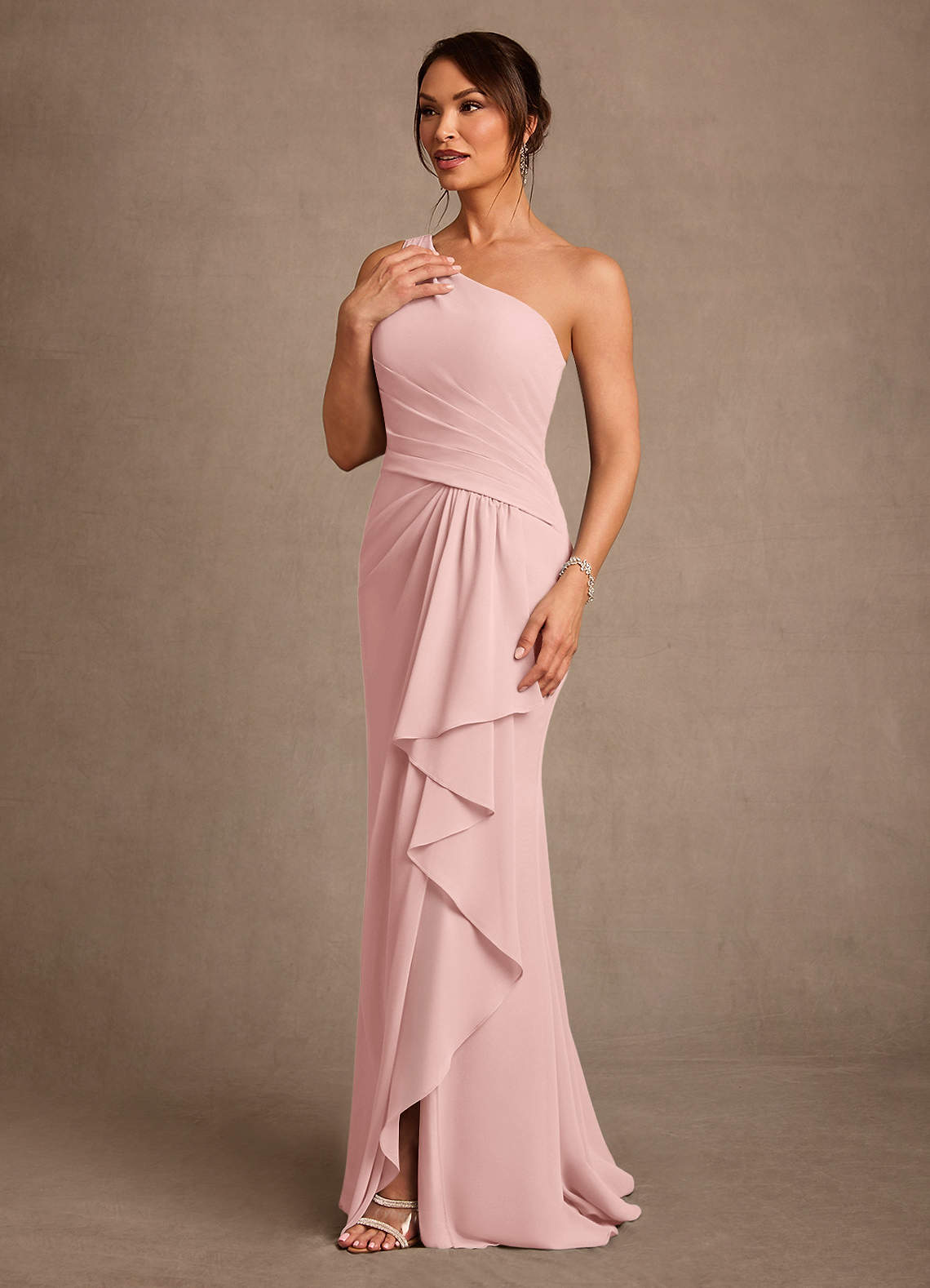 Floy Sheath One-Shoulder Chiffon Mother of the Bride Dress in Powder Pink