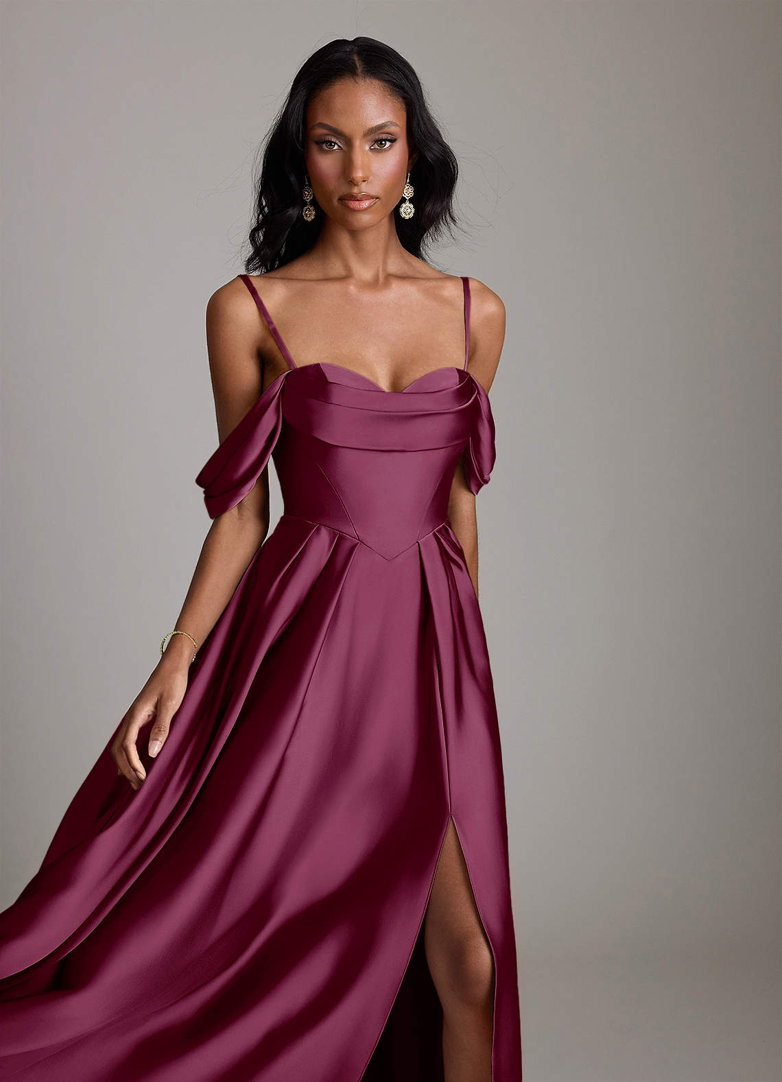 Loisa A-Line Off-the-Shoulder Stretch Satin Bridesmaid Dress in Mulberry