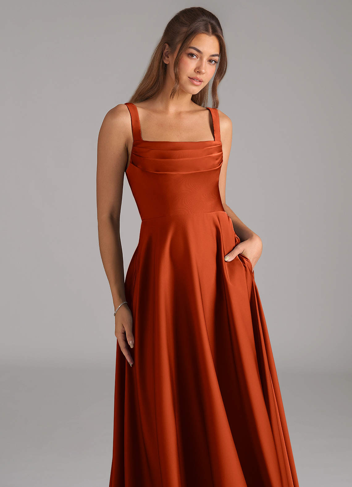 Shaude A-Line Square-Neck Stretch Satin Bridesmaid Dress in Paprika