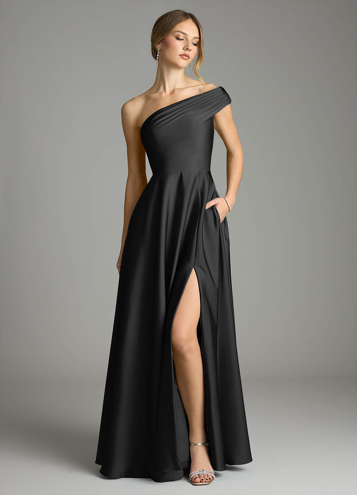 Melanie A-Line One-Shoulder Stretch Satin Bridesmaid Dress in black