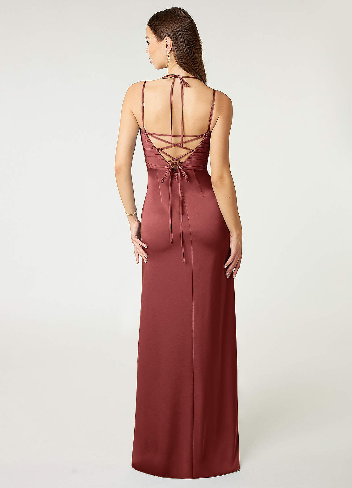 Desi Sheath Halter Stretch Satin Bridesmaid Dress in Terracotta