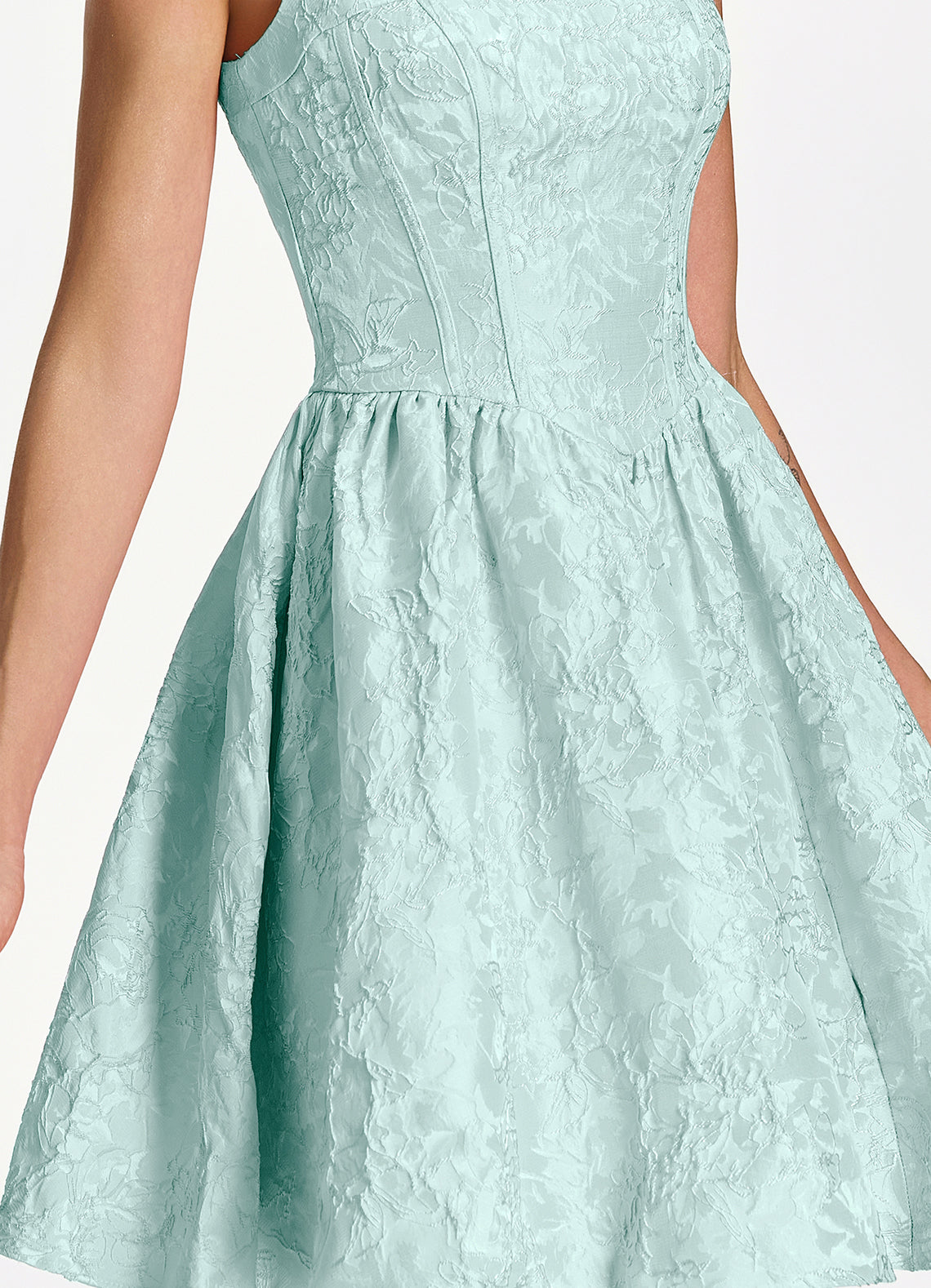 Lionelle Skater Mini Square-Neck Jacquard Prom Dress in Mint Green - photo 7