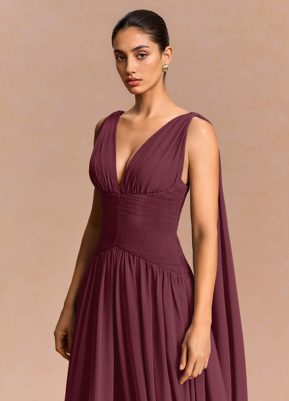 Eluney A-Line V-Neck Chiffon Evening Dress in Wine