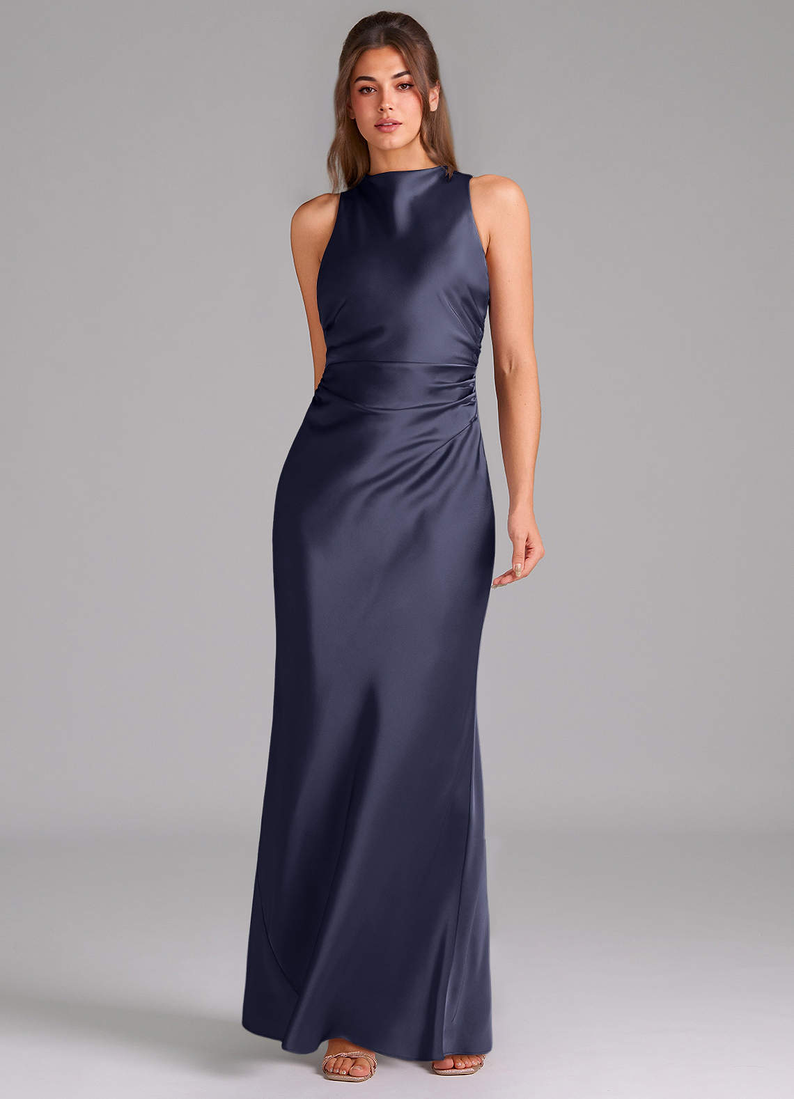 Evadne Sheath Scoop-Neck Stretch Satin Bridesmaid Dress in Stormy
