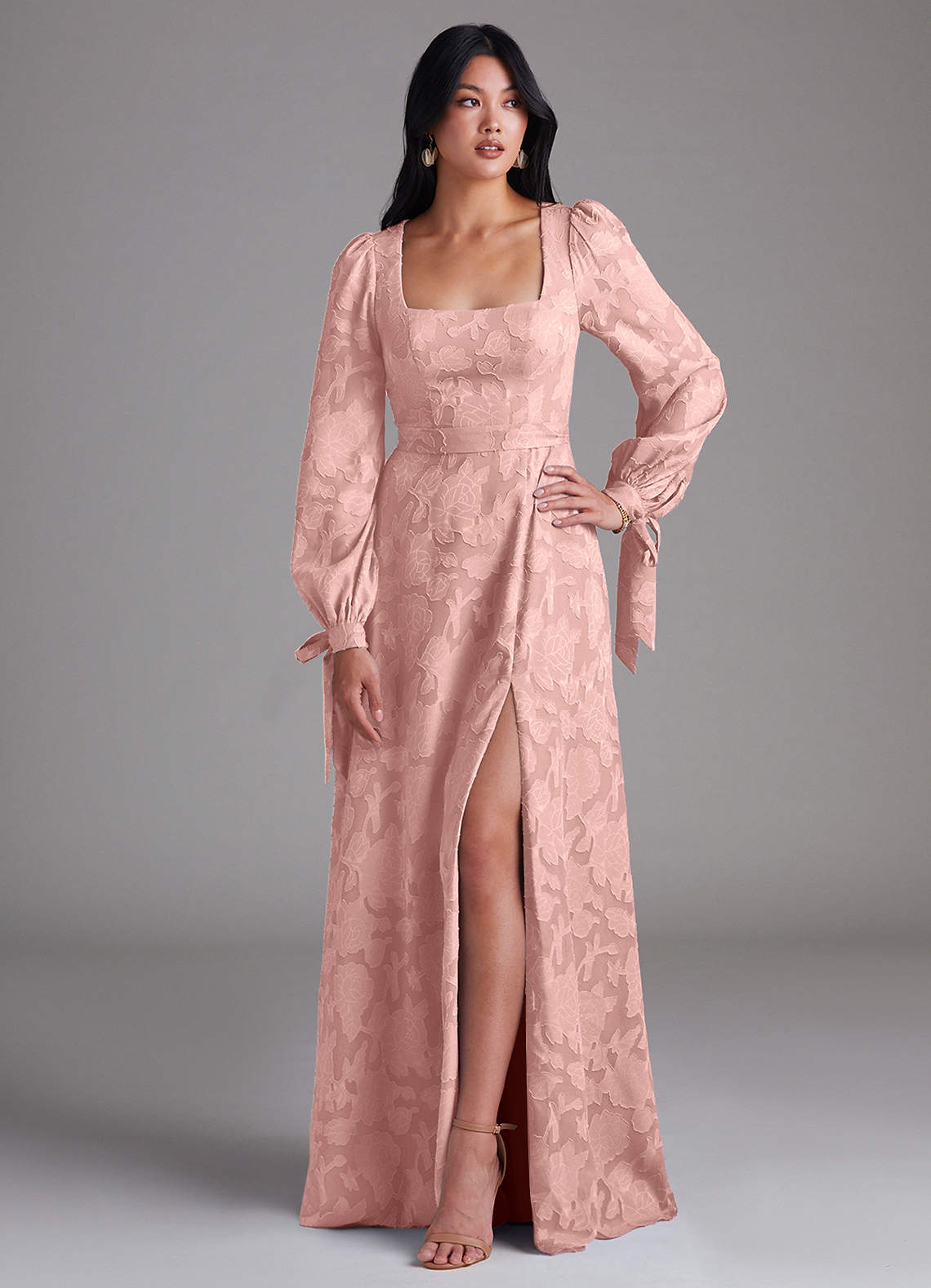 Leonia A-Line Square-Neck Stretch Satin Bridesmaid Dress in Powder Pink