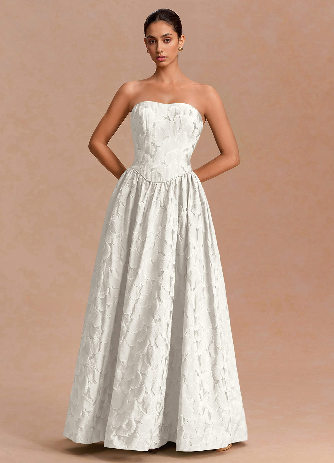 Adelia A-Line Corset Jacquard Evening Dress in French White