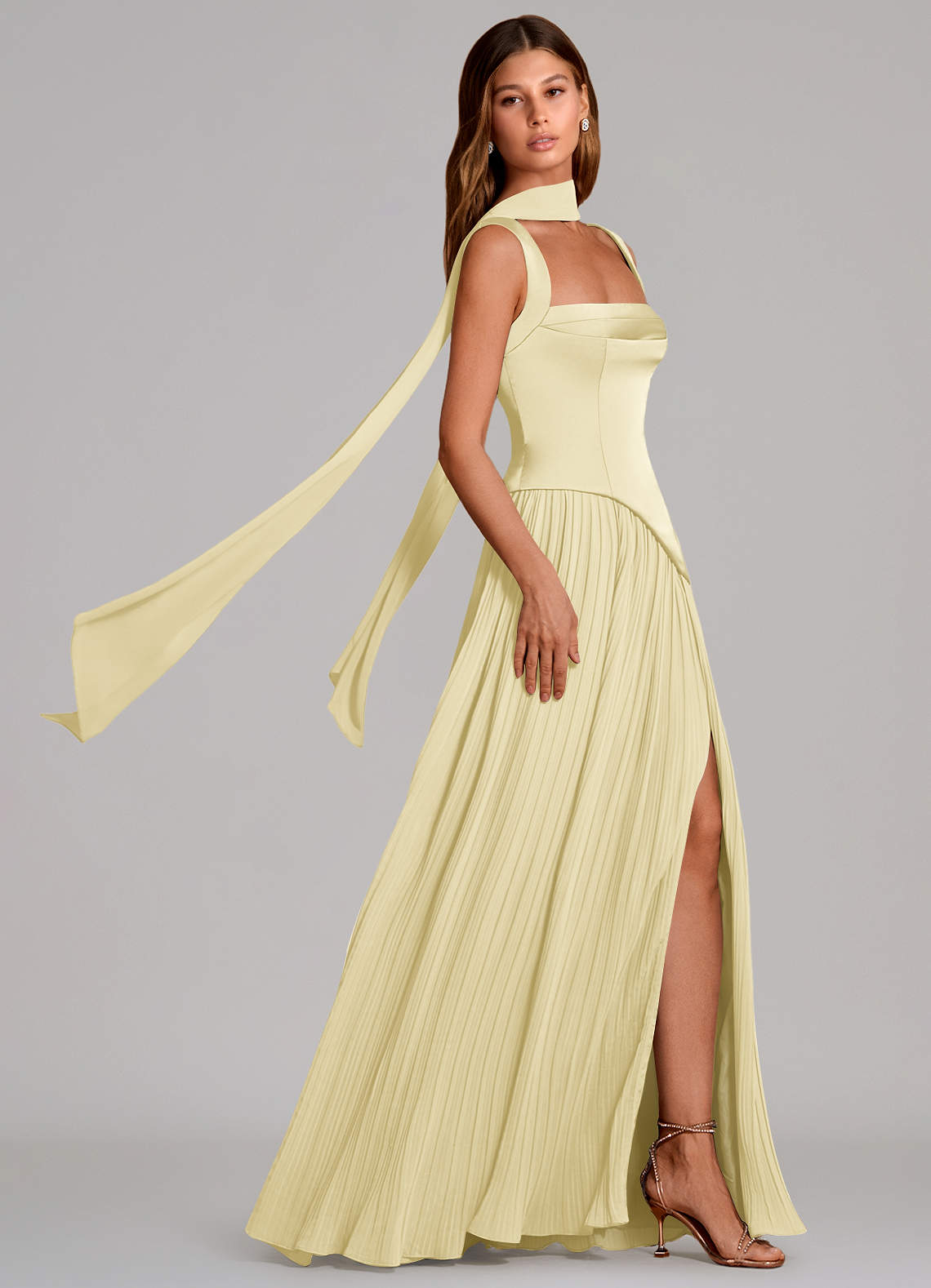 Stephanie A-Line Square-Neck Stretch Satin and Chiffon Bridesmaid Dress in Lemon Sorbet