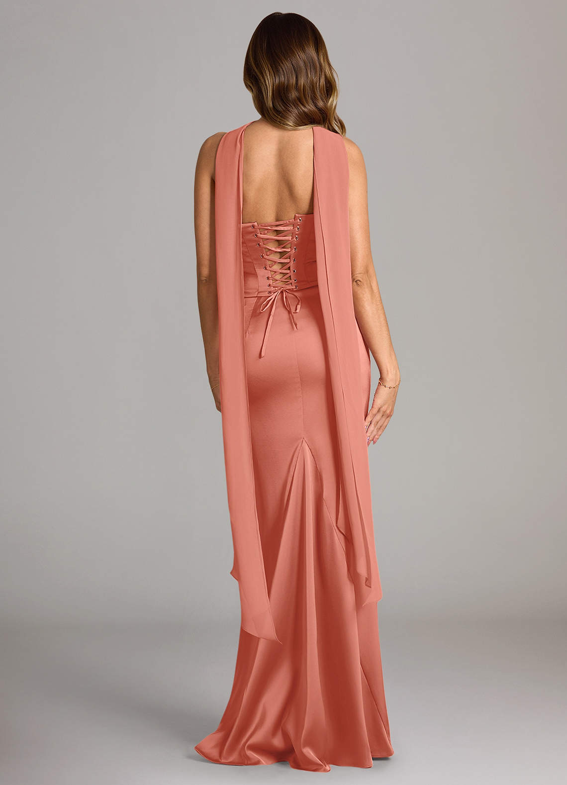 Sorrel Mermaid Cowl-Neck Stretch Satin and Chiffon Bridesmaid Dress in Salmon Pink