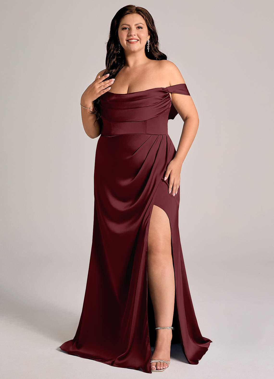 Johana Mermaid Off-the-Shoulder Stretch Satin Bridesmaid Dress in Cabernet