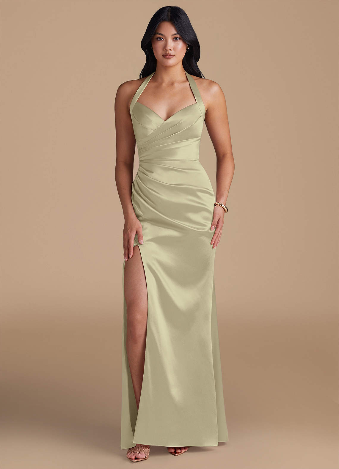Emeria Sheath Halter Metallic Satin Bridesmaid Dress in Moss Green