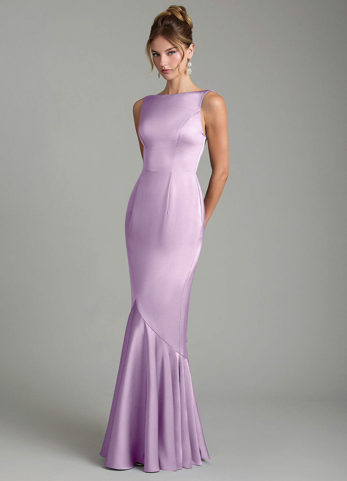 Tamera Mermaid Boat-Neck Stretch Satin and Chiffon Bridesmaid Dress in Frosted Lilac