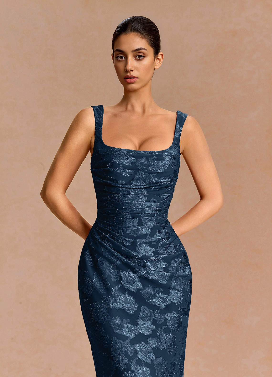 Agustina Square-Neck Pleated Fil Coupé Evening Dress in Navy