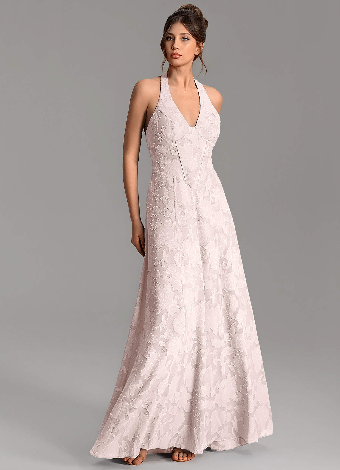 Nia A-Line V-Neck Floral Burnout Bridesmaid Dress in Blushing Pink