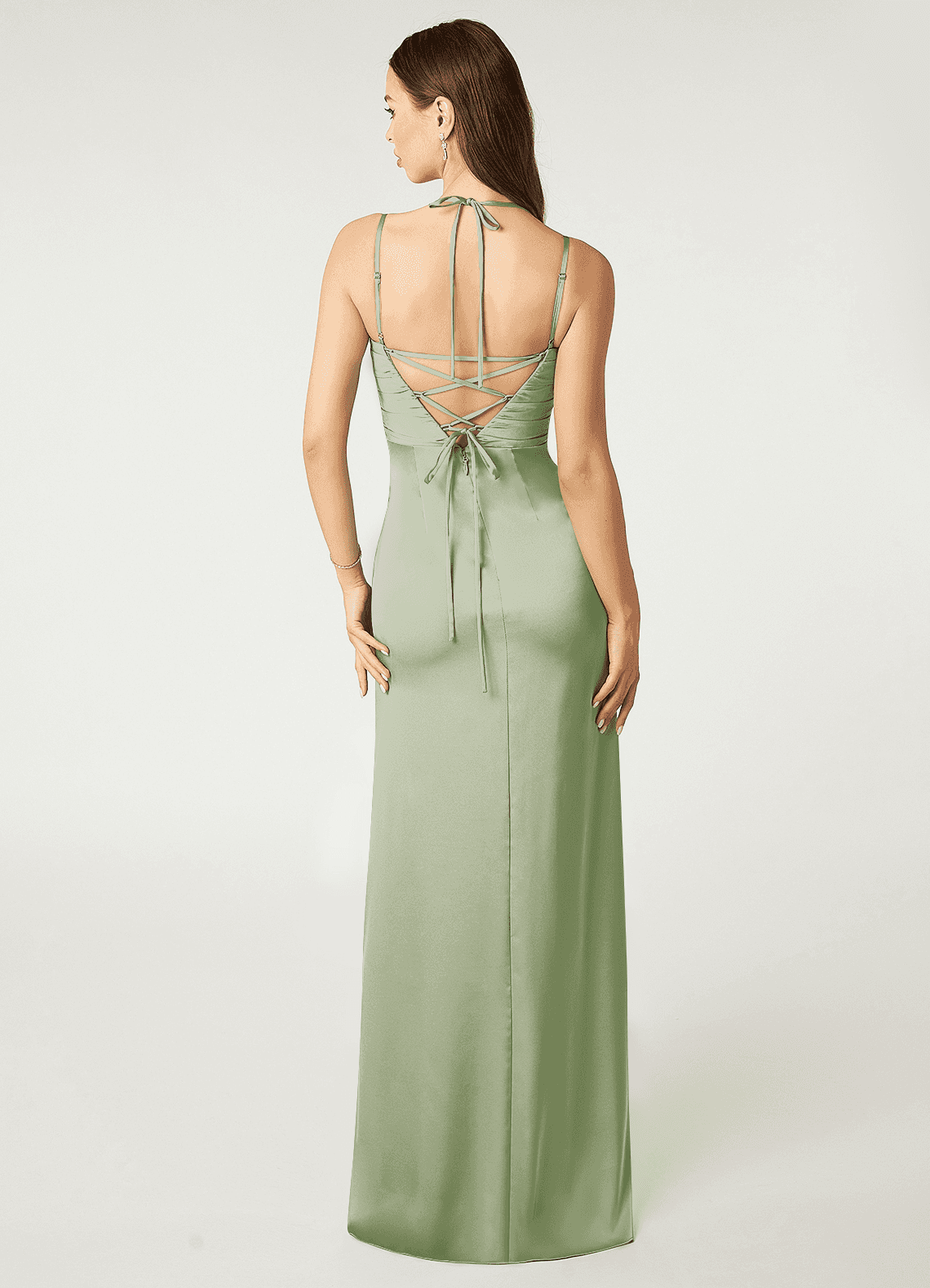 Desi Sheath Halter Stretch Satin Bridesmaid Dress in Dusty Sage