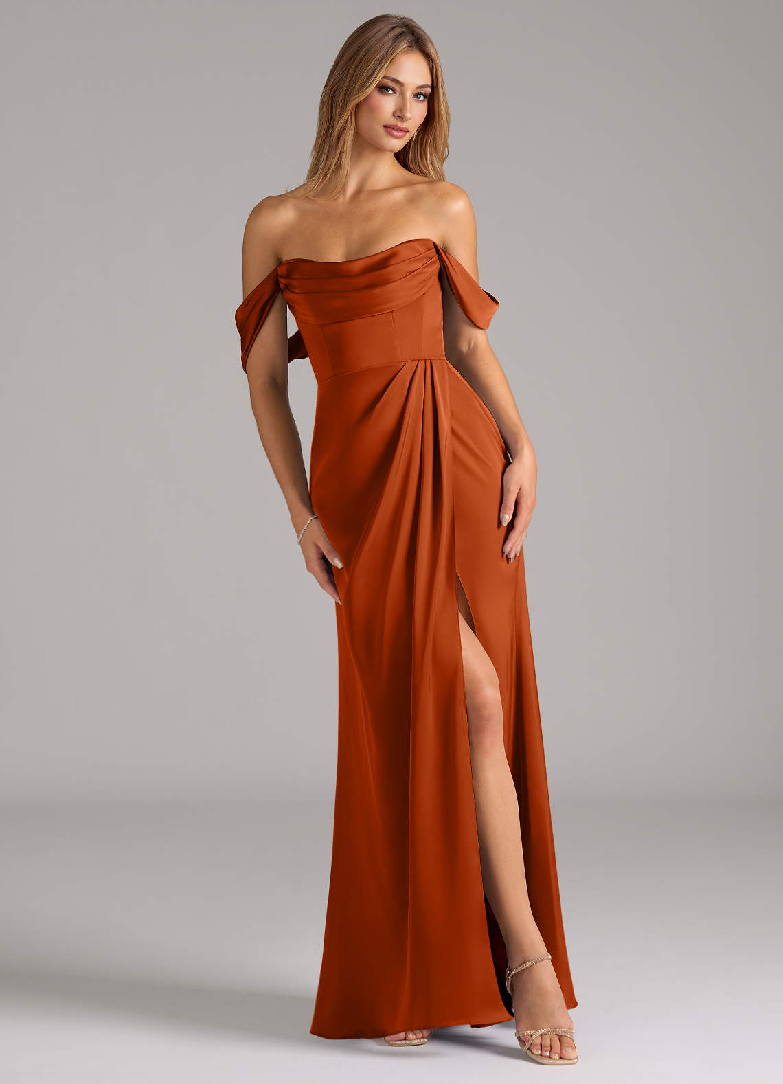 Johana Mermaid Off-the-Shoulder Stretch Satin Bridesmaid Dress in Burnt Orange